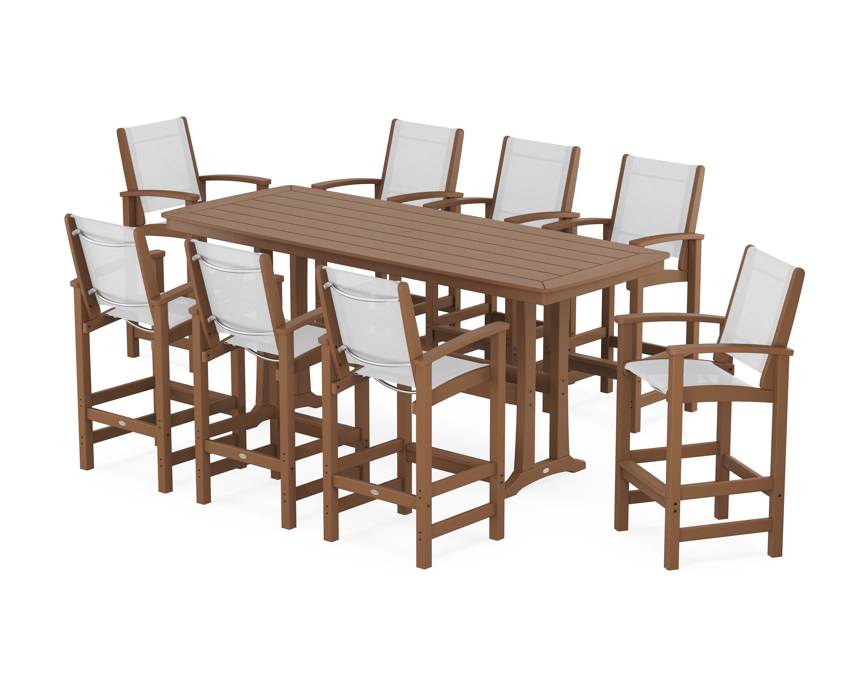 Coastal 9-Piece Bar Set with Trestle Legs in Teak / White Sling