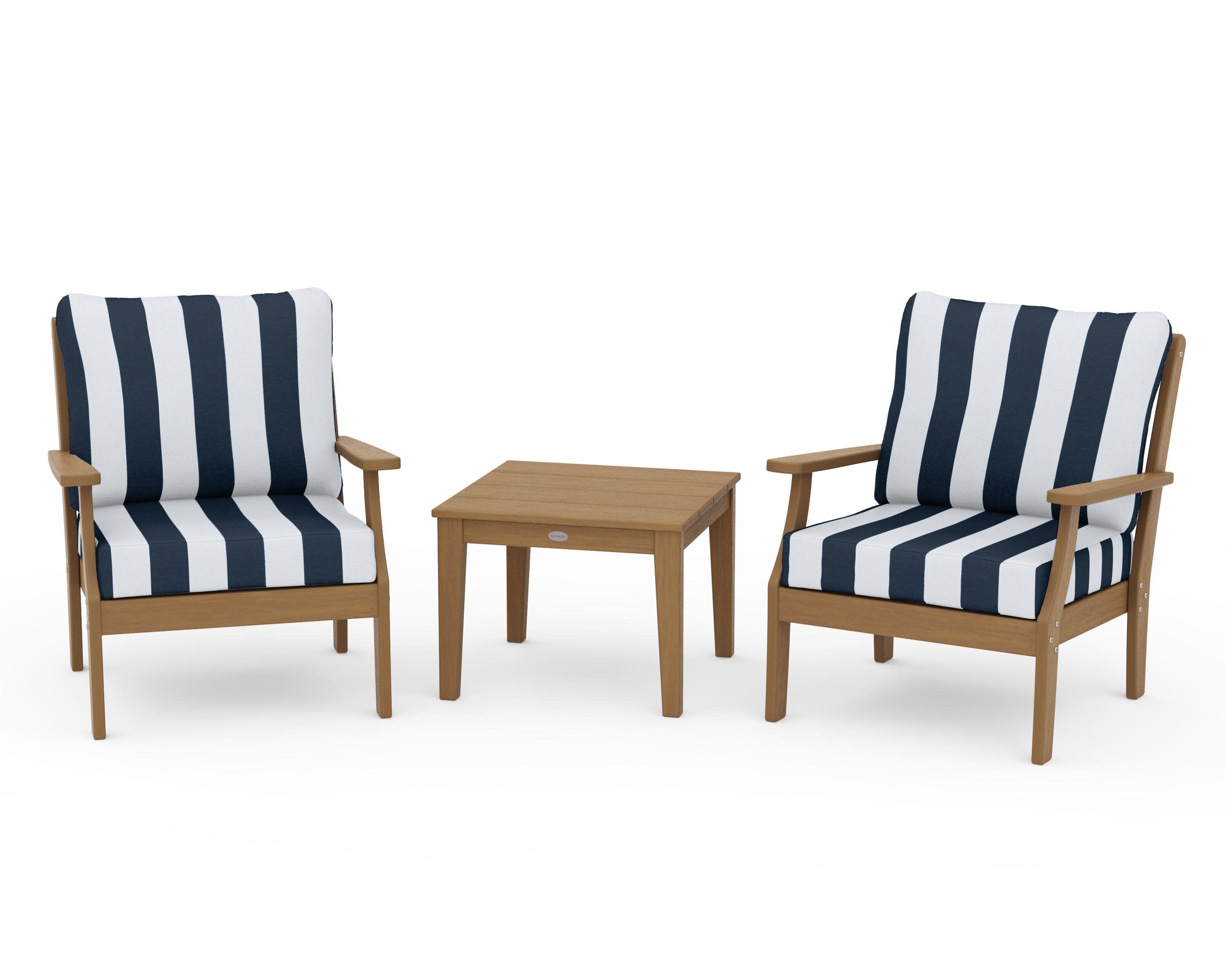 Braxton 3-Piece Deep Seating Set in Natural / Cabana Stripe Marine Indigo