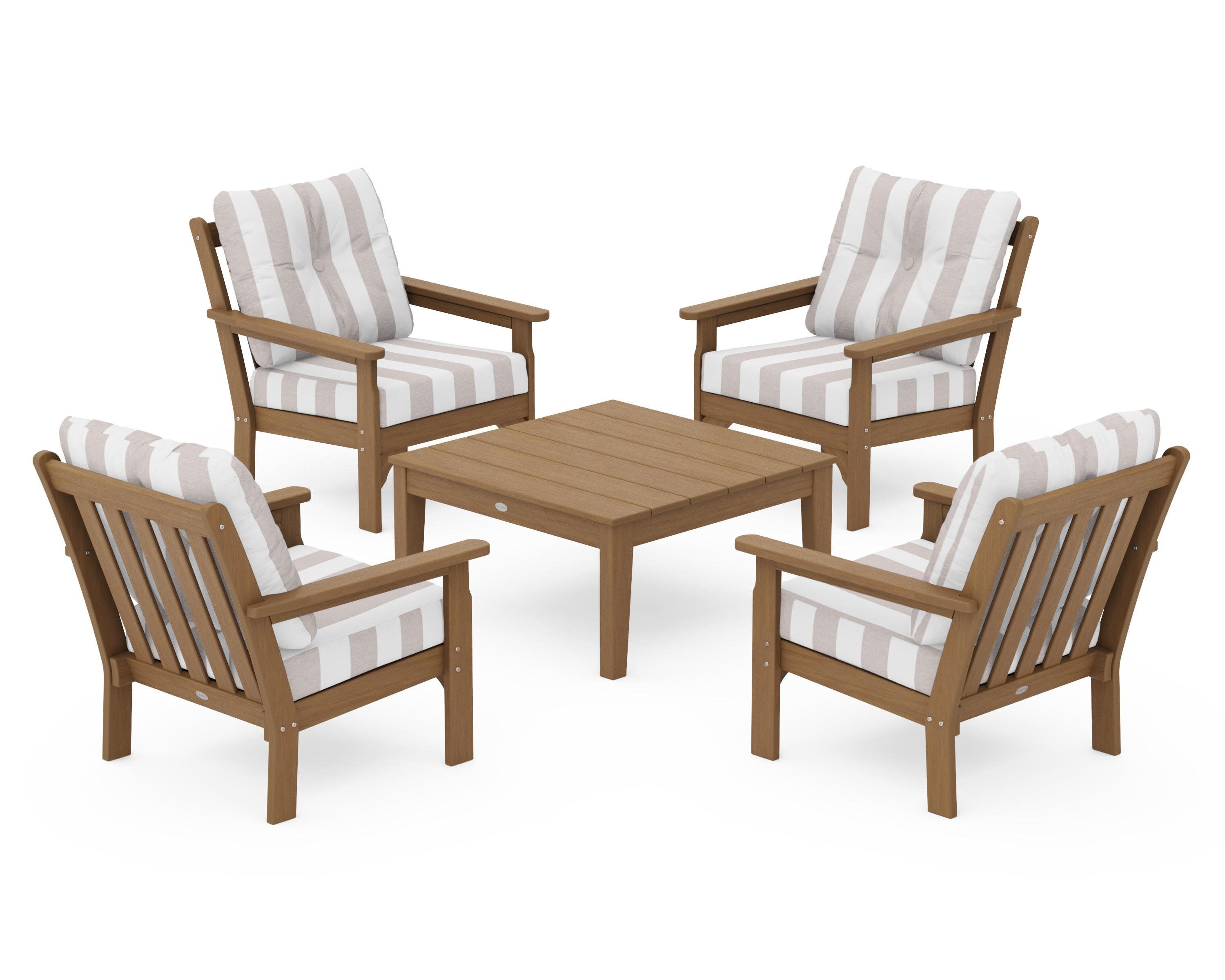 Vineyard 5-Piece Deep Seating Conversation Set in Natural / Cabana Stripe Dune Burlap