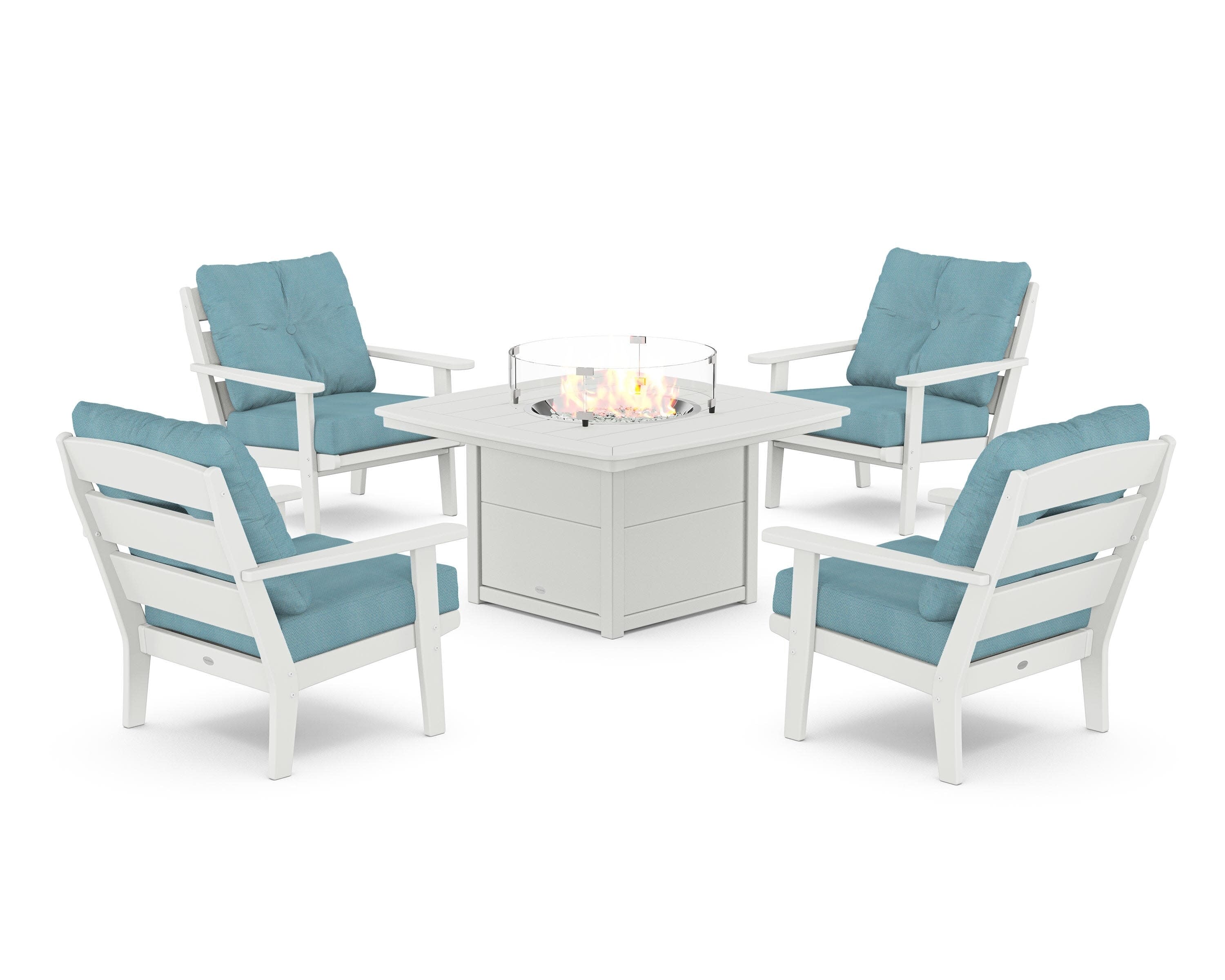 Lakeside 5-Piece Deep Seating Set with Nautical Fire Pit Table in White / Lattice Sky Blue