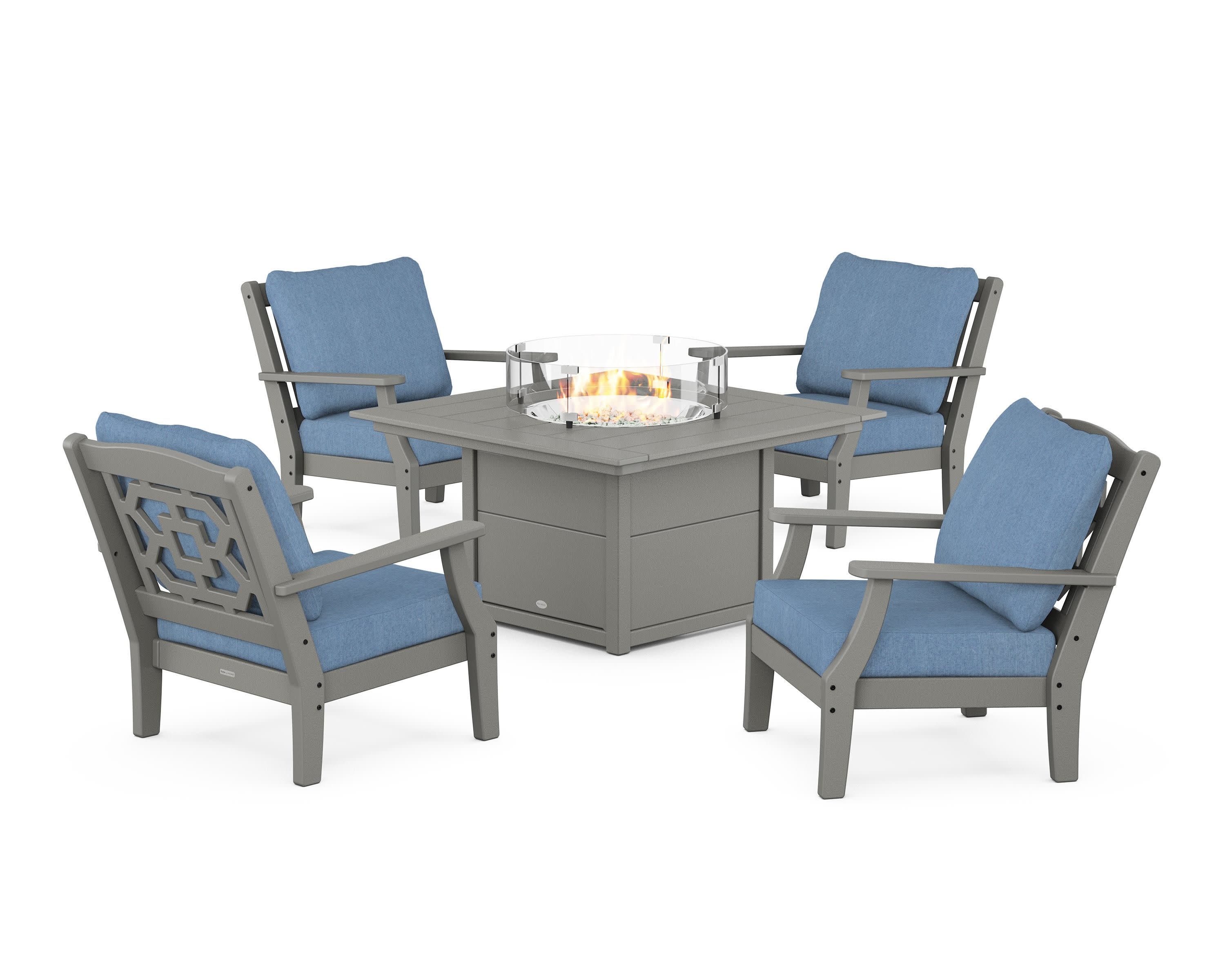 Chinoiserie 5-Piece Deep Seating Set with Fire Pit Table in Slate Grey / Sky Blue