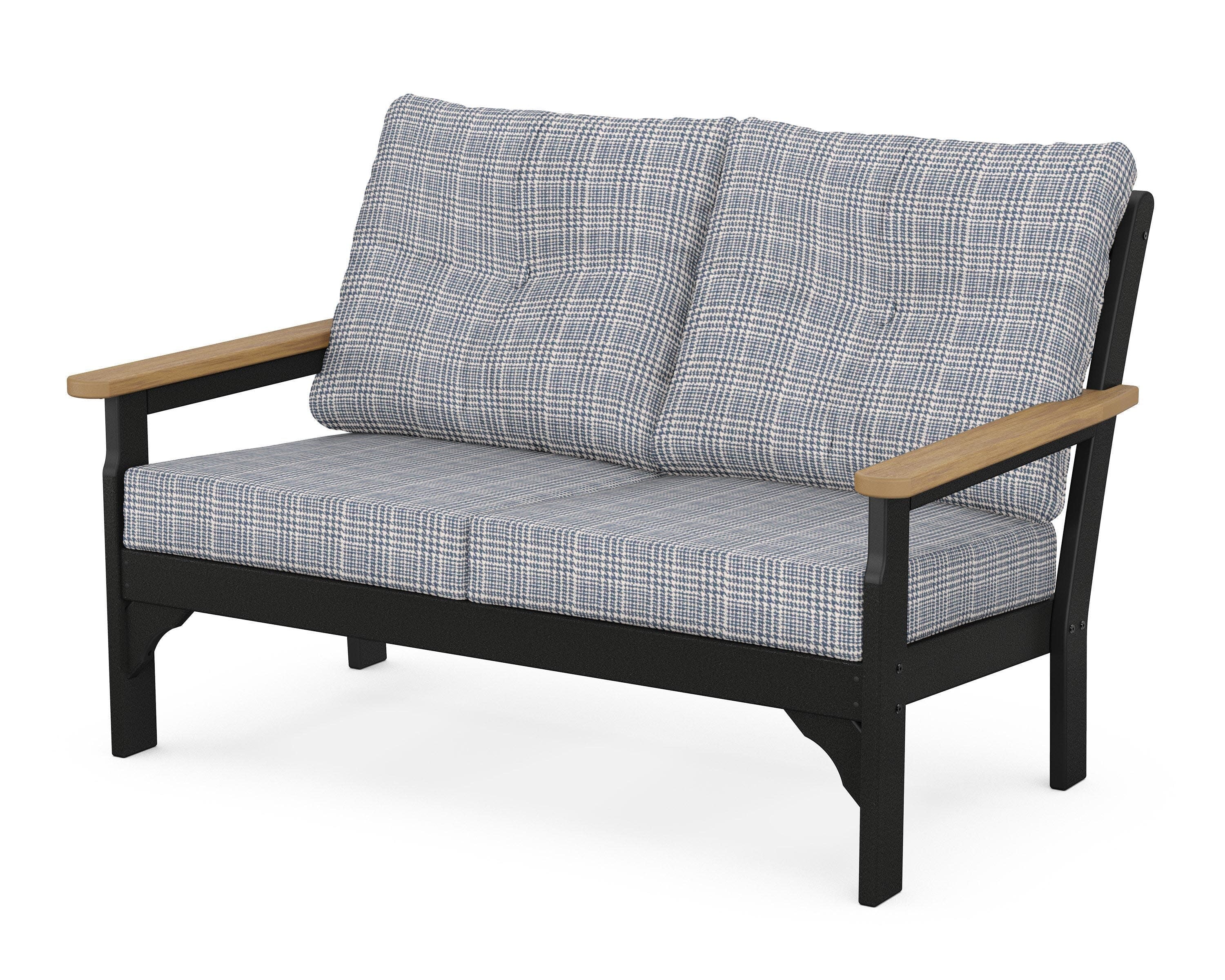 Vineyard Deep Seating Loveseat in Black / Natural / Houndstooth Sky Blue