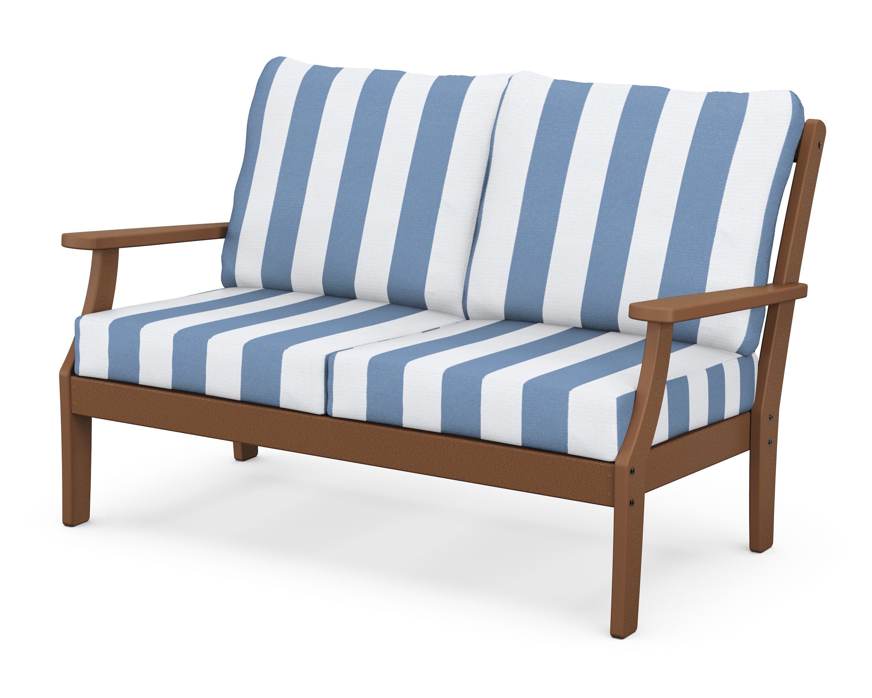 Braxton Deep Seating Loveseat in Teak / Cabana Stripe Sky Blue