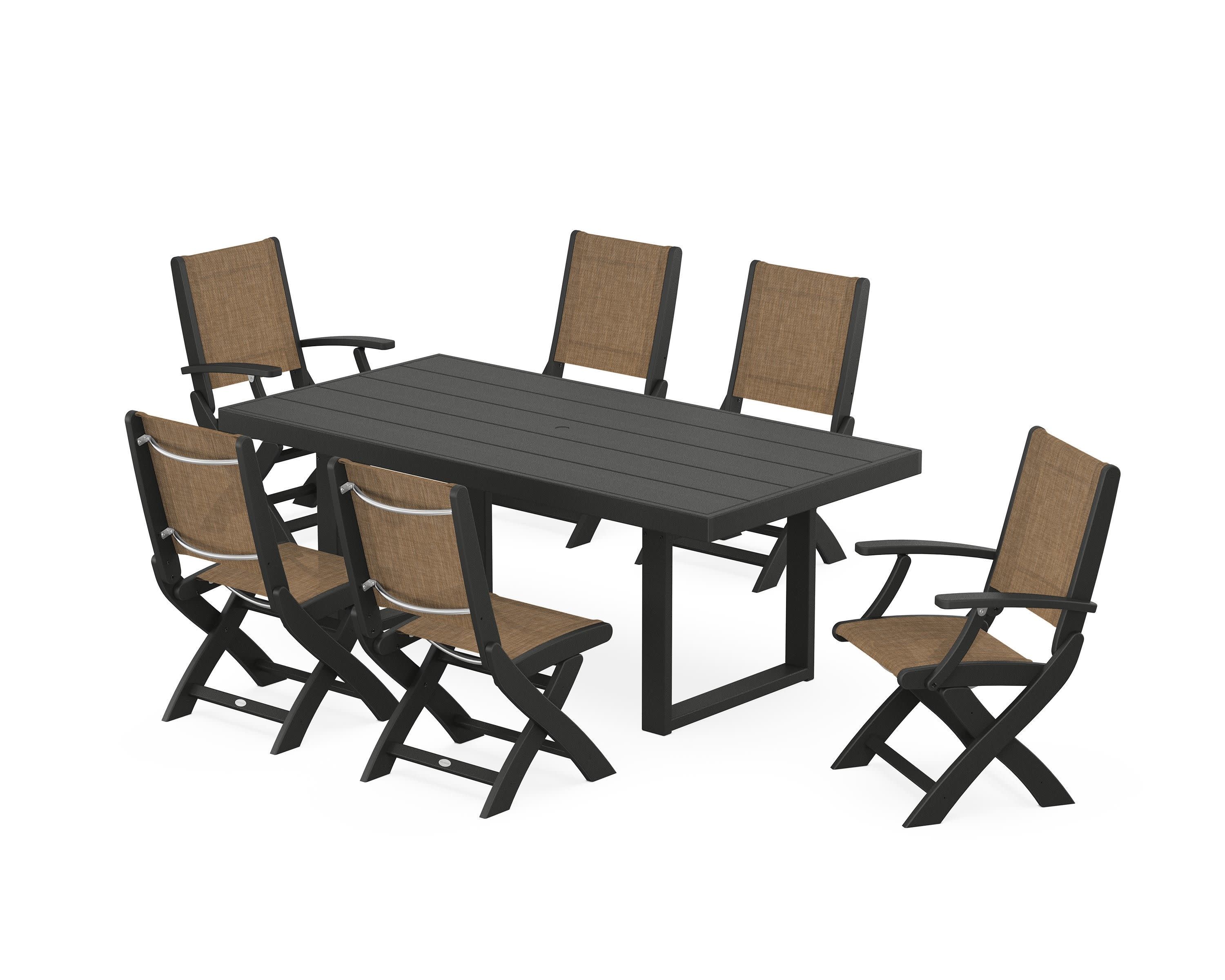 Coastal Folding Chair 7-Piece Dining Set with Trestle Legs in Black / Burlap Sling