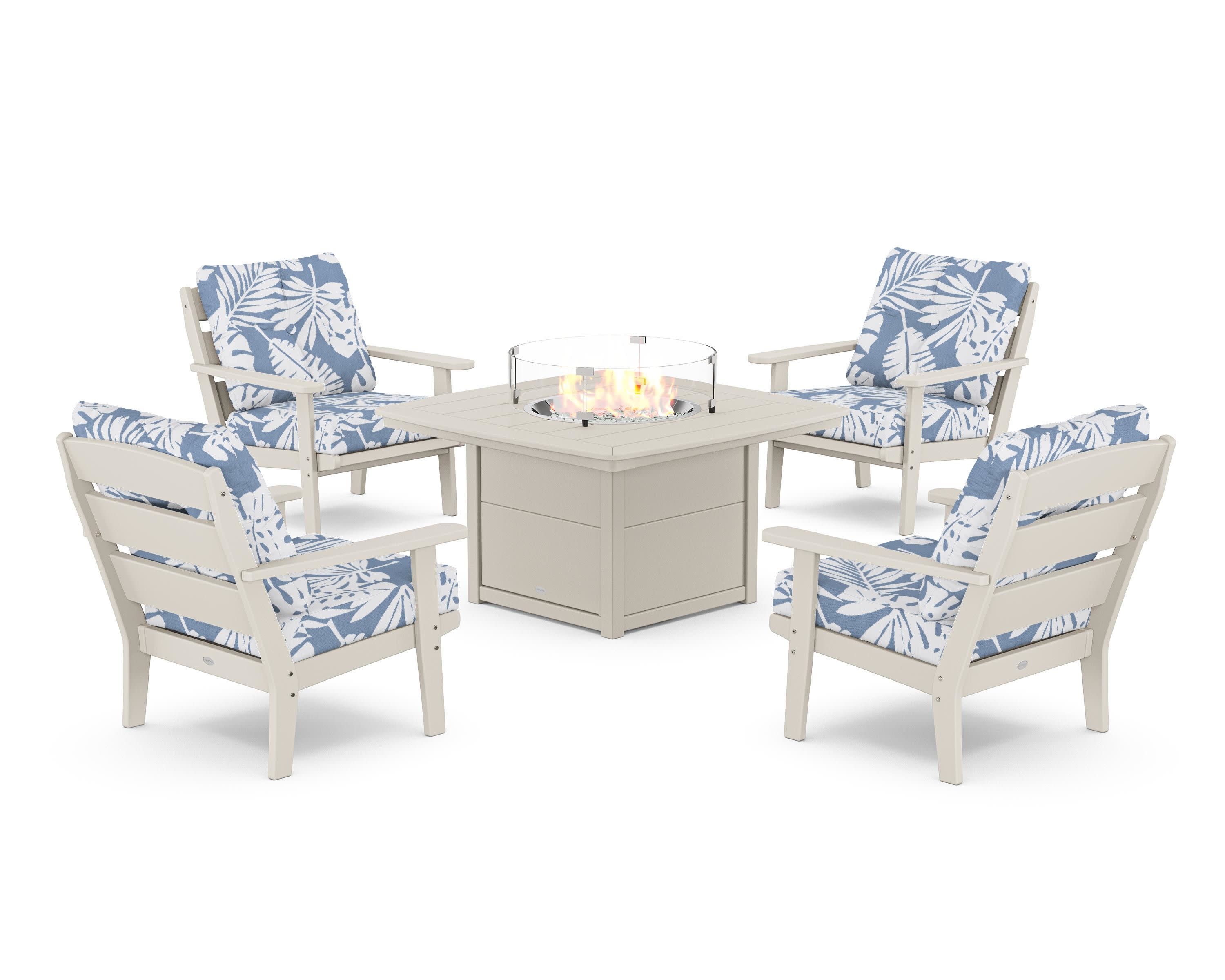 Lakeside 5-Piece Deep Seating Set with Nautical Fire Pit Table in Sand / Leaf Sky Blue