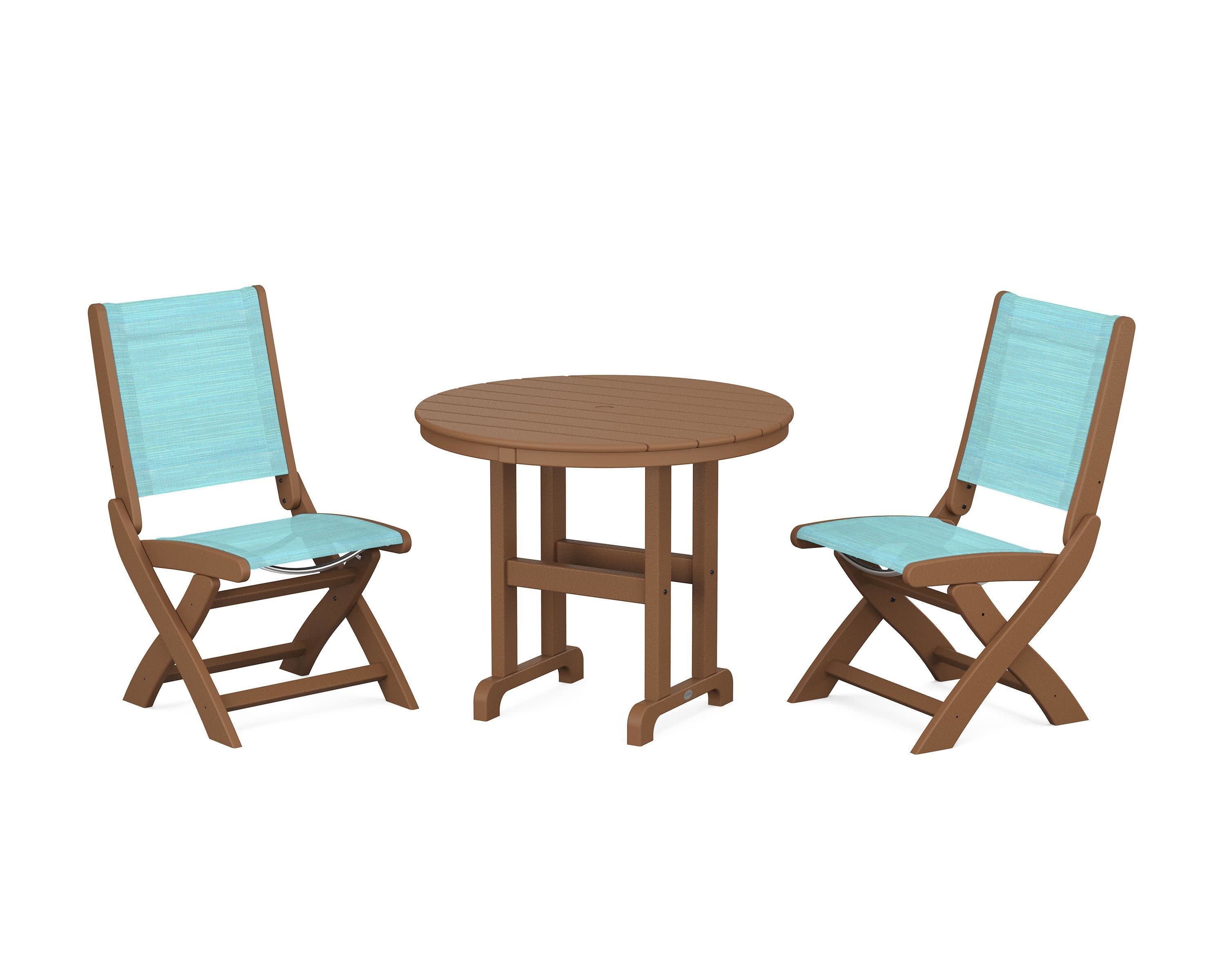 Coastal Folding Side Chair 3-Piece Round Dining Set in Teak / Dupioni Aquamarine Sling