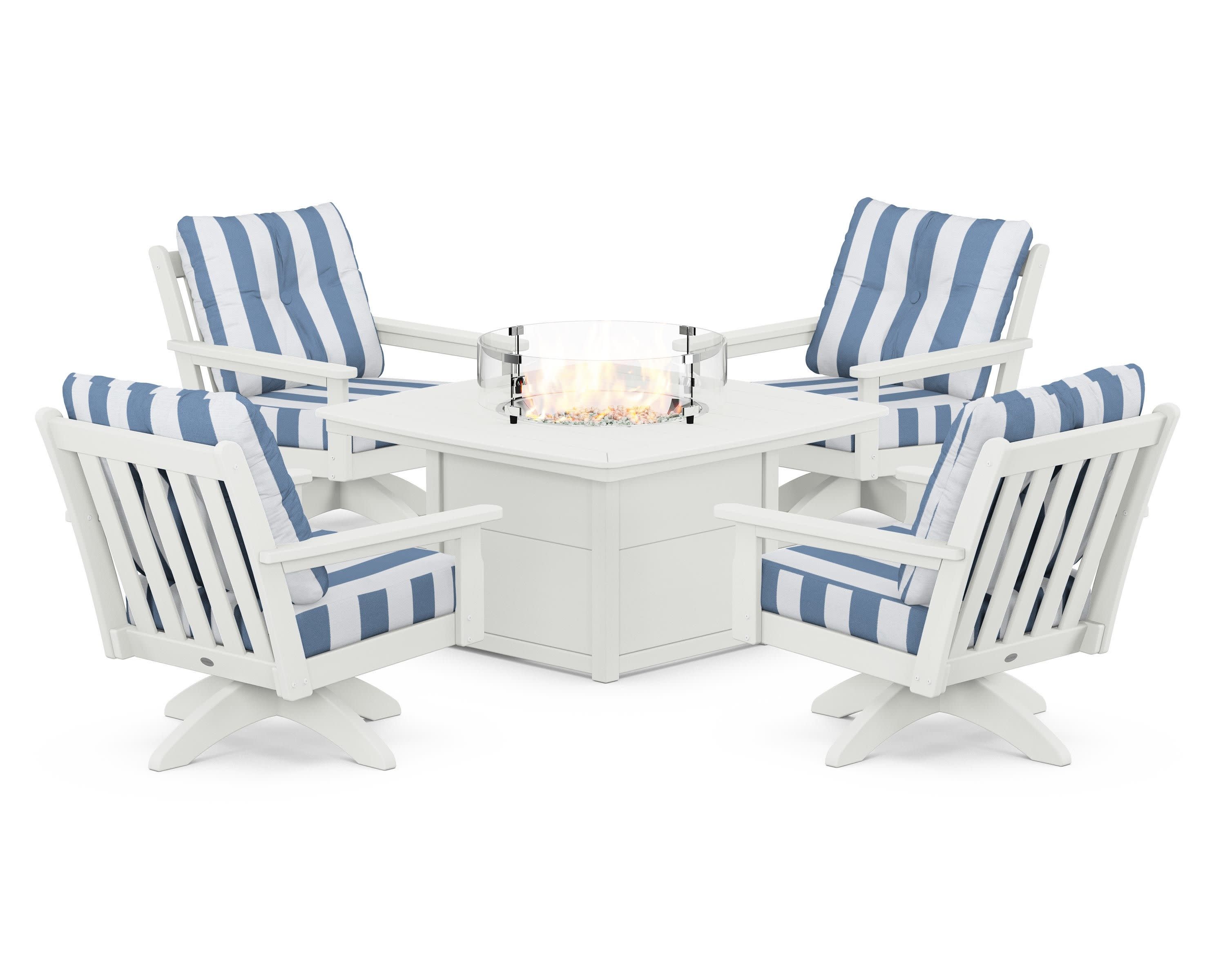 Vineyard 5-Piece Deep Seating Swivel Conversation Set with Fire Pit Table in Vintage White / Cabana Stripe Sky Blue