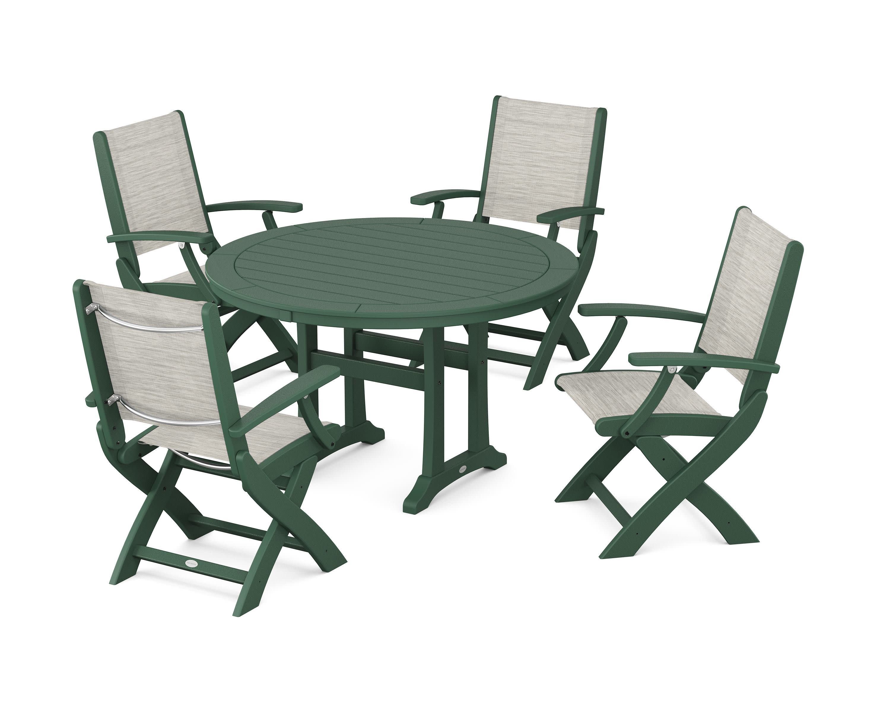 Coastal Folding Chair 5-Piece Round Dining Set with Trestle Legs in Green / Birch Sling
