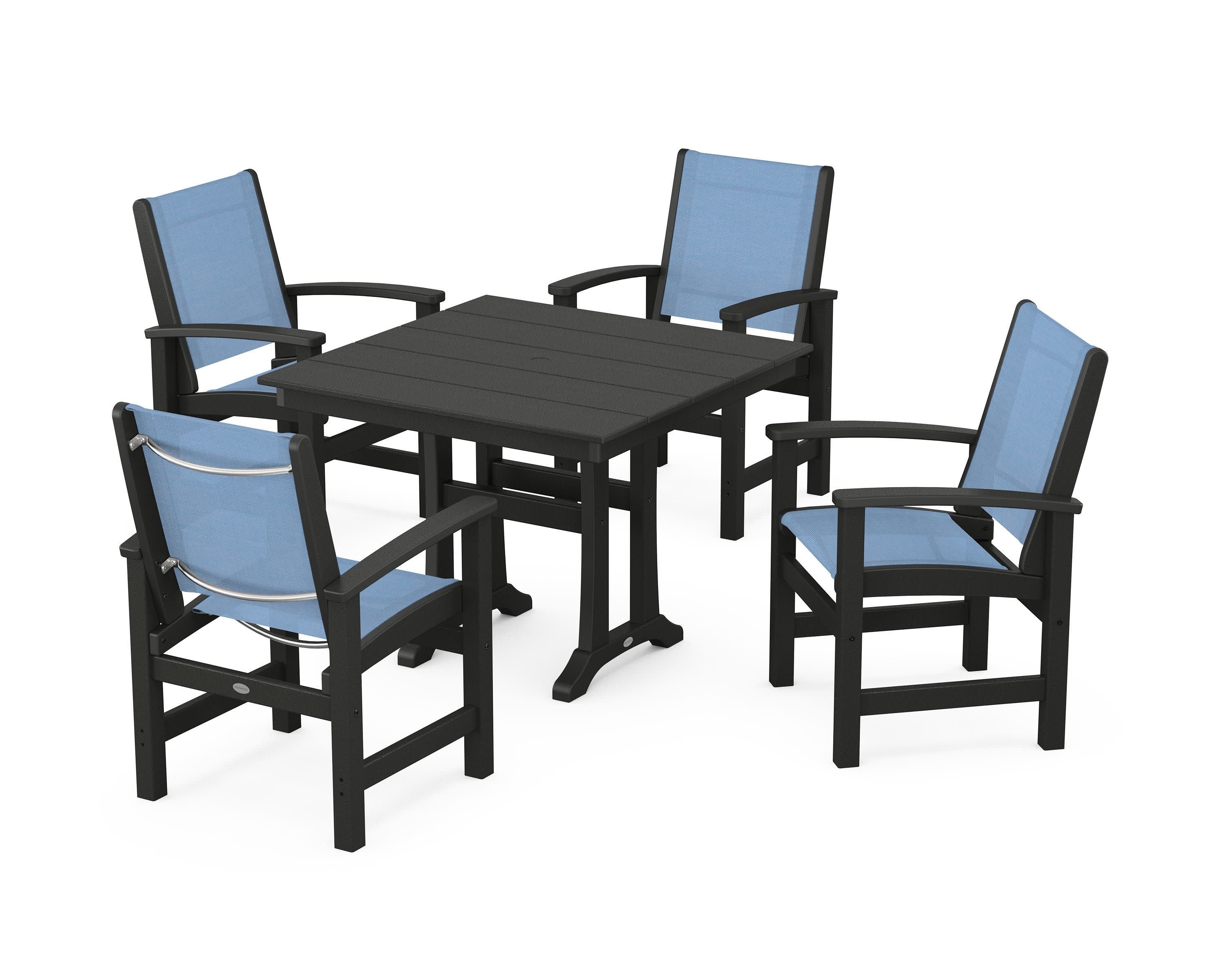 Coastal 5-Piece Farmhouse Dining Set With Trestle Legs in Black / Poolside Sling