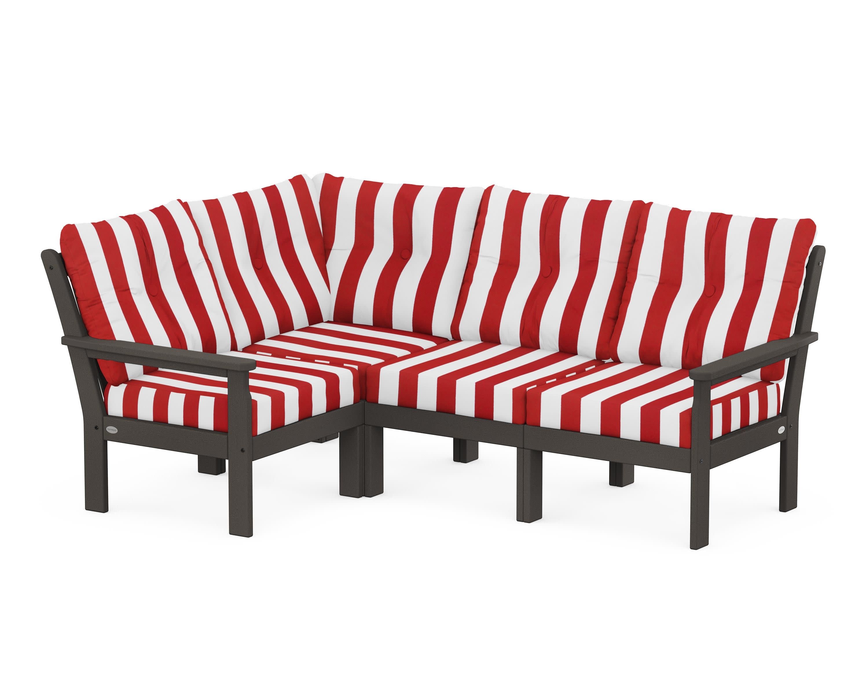 Vineyard 4-Piece Sectional in Vintage Coffee / Cabana Stripe Crimson