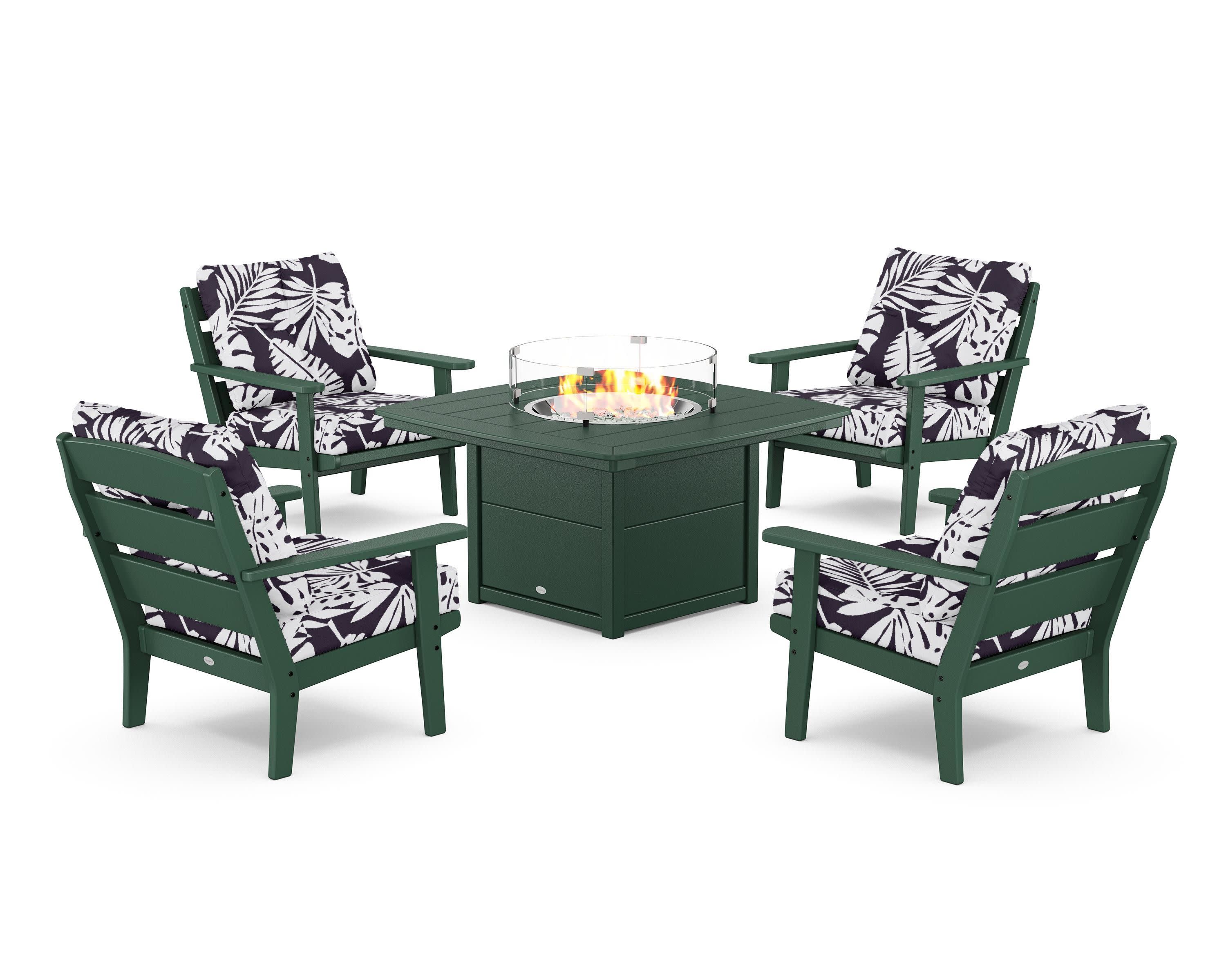 Lakeside 5-Piece Deep Seating Set with Nautical Fire Pit Table in Green / Leaf Navy