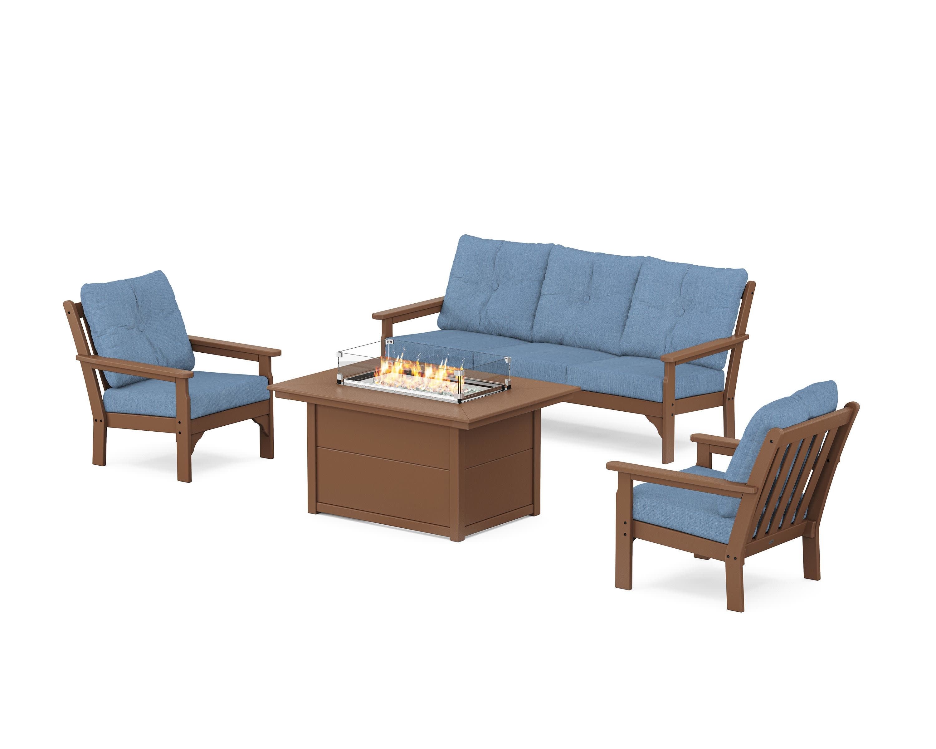 Vineyard Deep Seating Fire Pit Table Set in Teak / Sky Blue