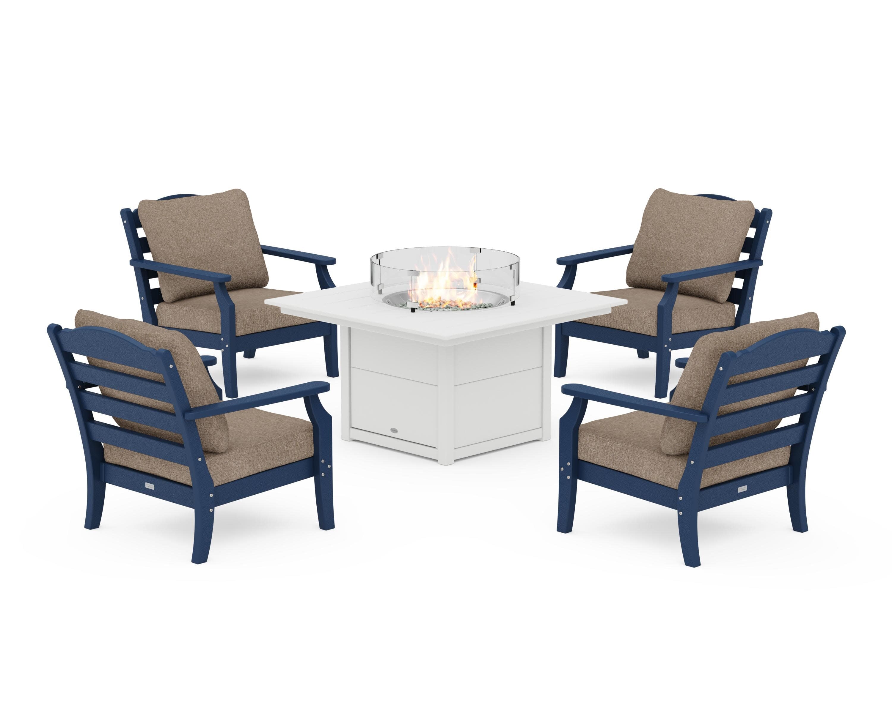 Savannah 5-Piece Deep Seating Set with Fire Pit Table in Navy / Spiced Burlap