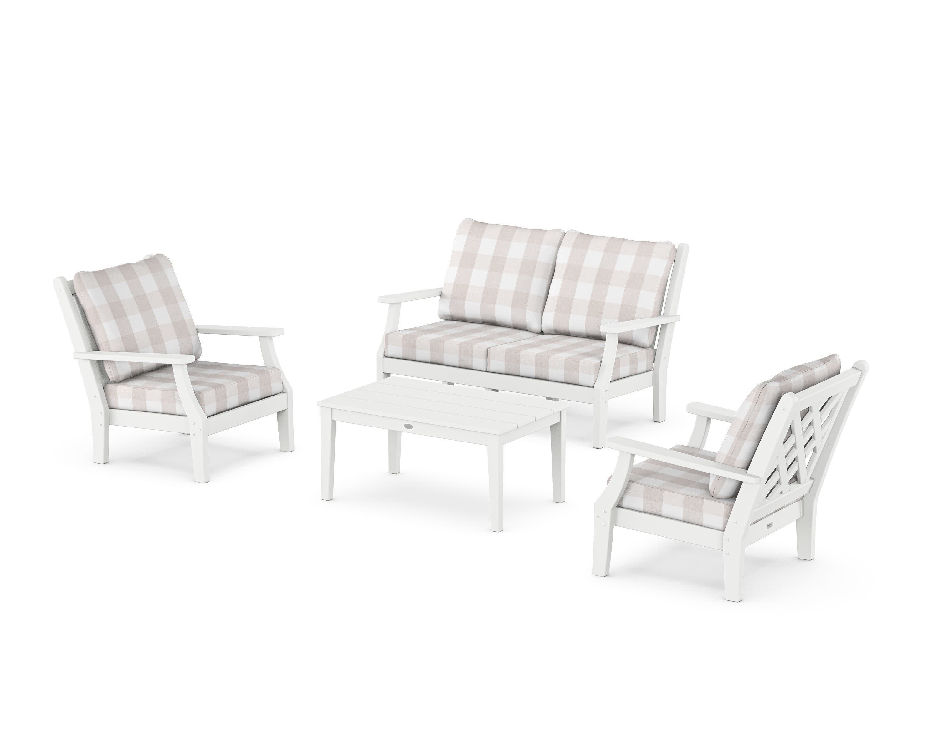 Wovendale 4-Piece Deep Seating Set with Loveseat in White / Buffalo Plaid Dune Burlap