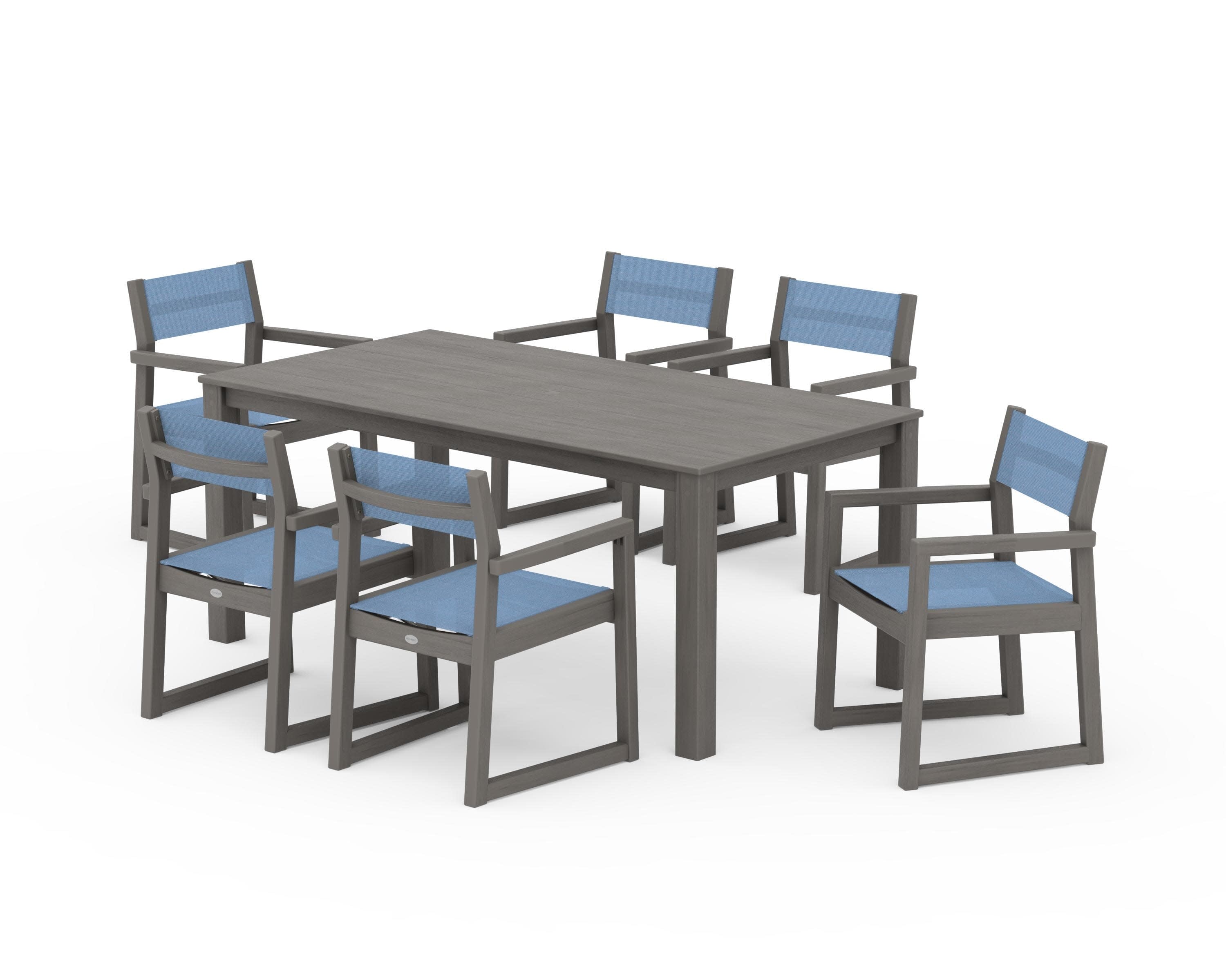 EDGE Sling Arm Chair 7-Piece Parsons Dining Set in Driftwood / Poolside Sling
