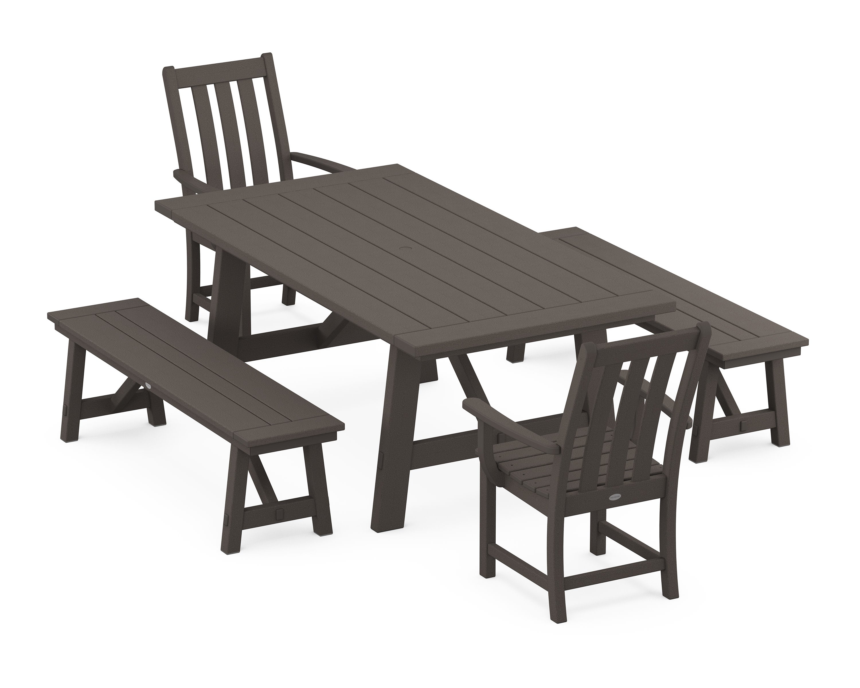 Vineyard 5-Piece Rustic Farmhouse Dining Set With Benches in Vintage Coffee