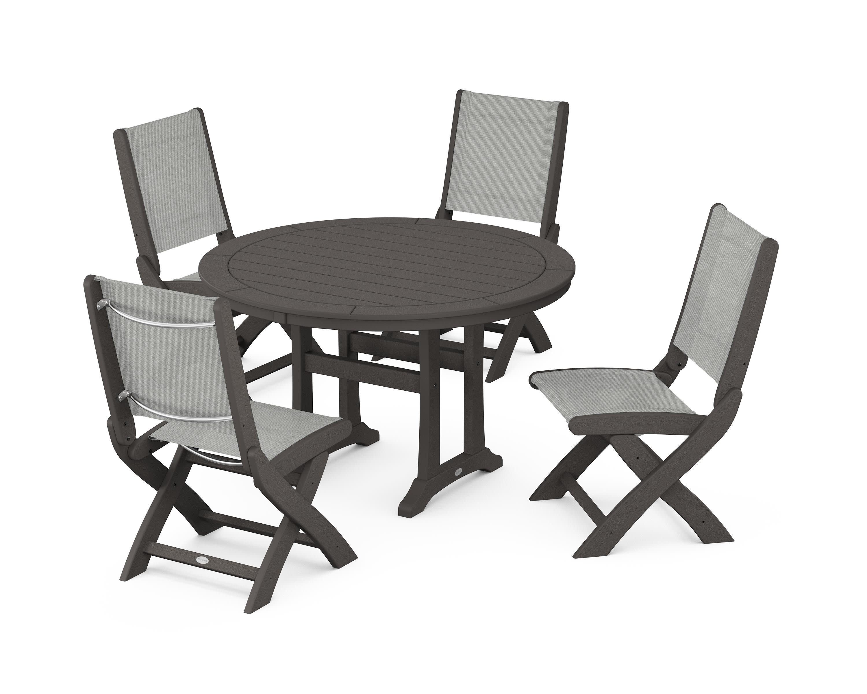 Coastal Folding Side Chair 5-Piece Round Dining Set With Trestle Legs in Vintage Coffee / Metallic Sling