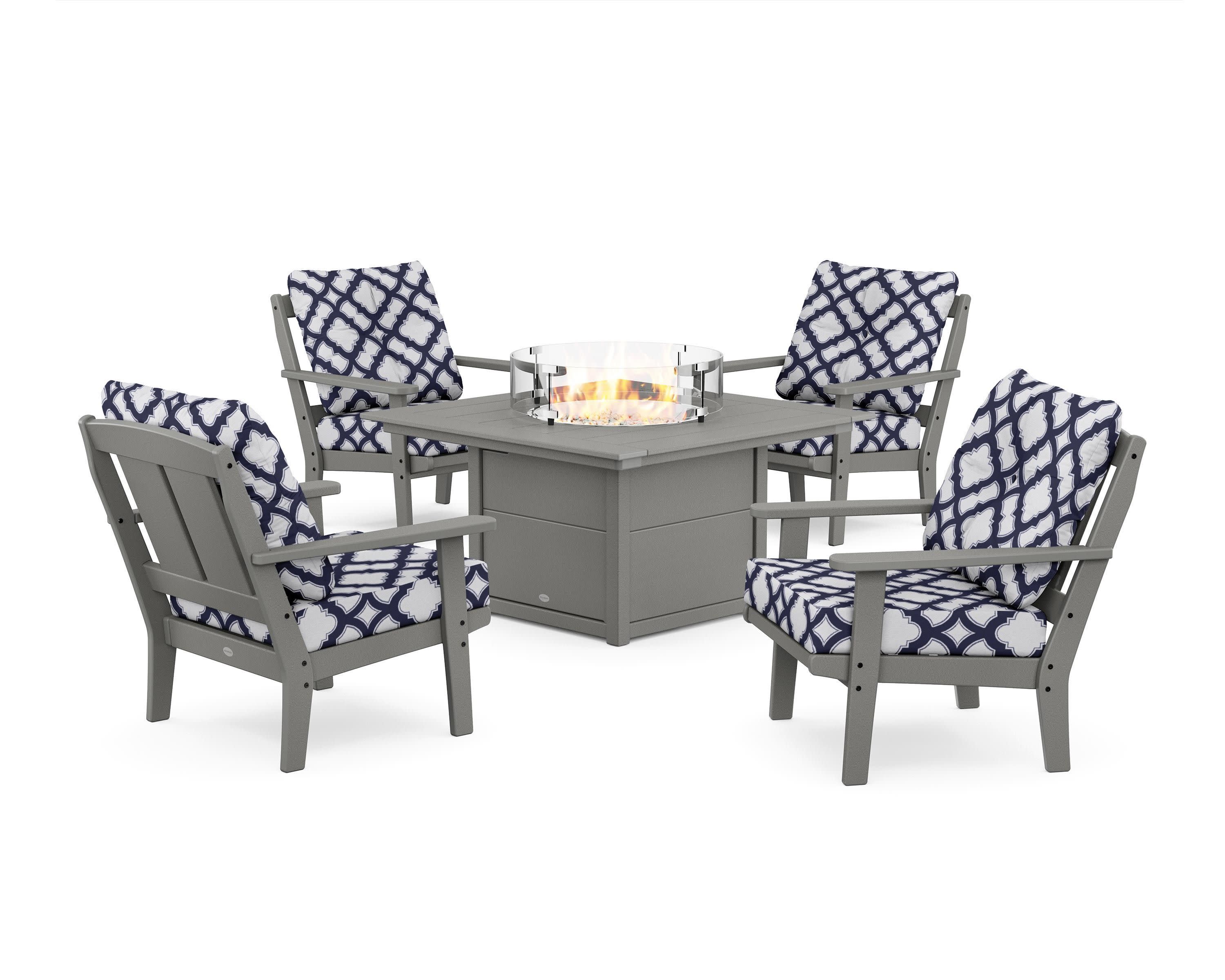 Mission 5-Piece Deep Seating Set with Fire Pit Table in Slate Grey / Trellis Navy