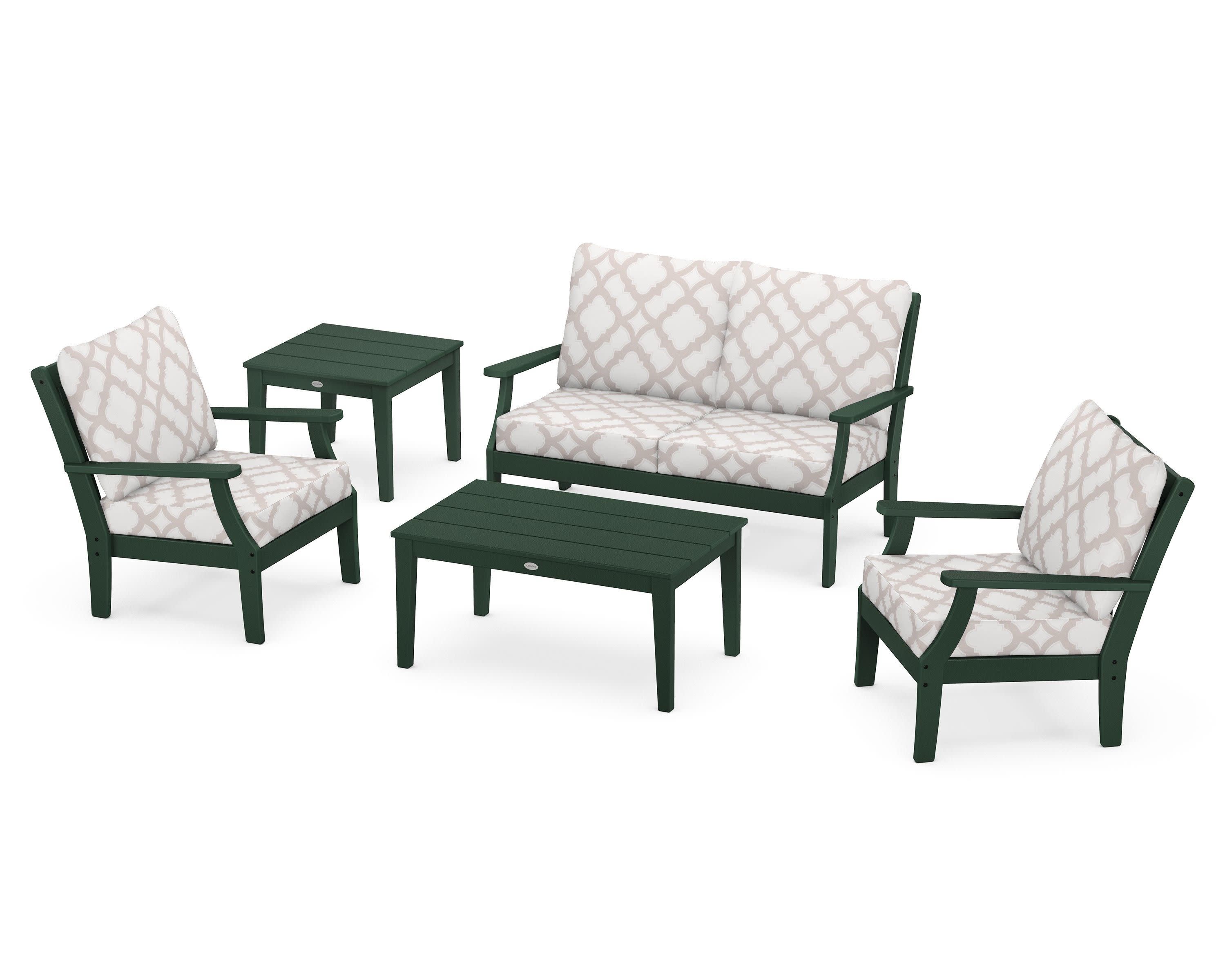 Braxton 5-Piece Deep Seating Set in Green / Trellis Dune Burlap