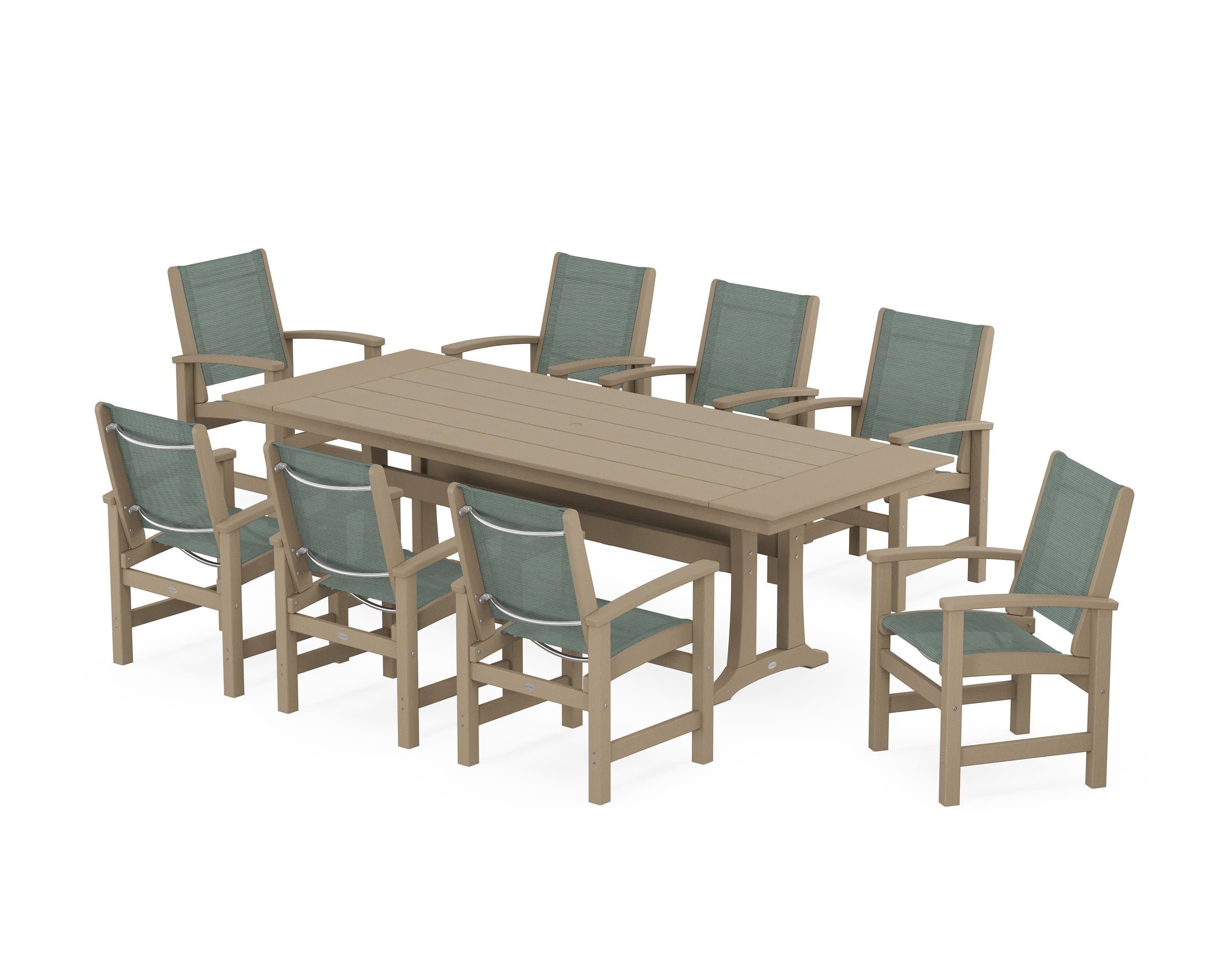 Coastal 9-Piece Farmhouse Dining Set with Trestle Legs in Vintage Sahara / Dupioni Sea Mist Sling