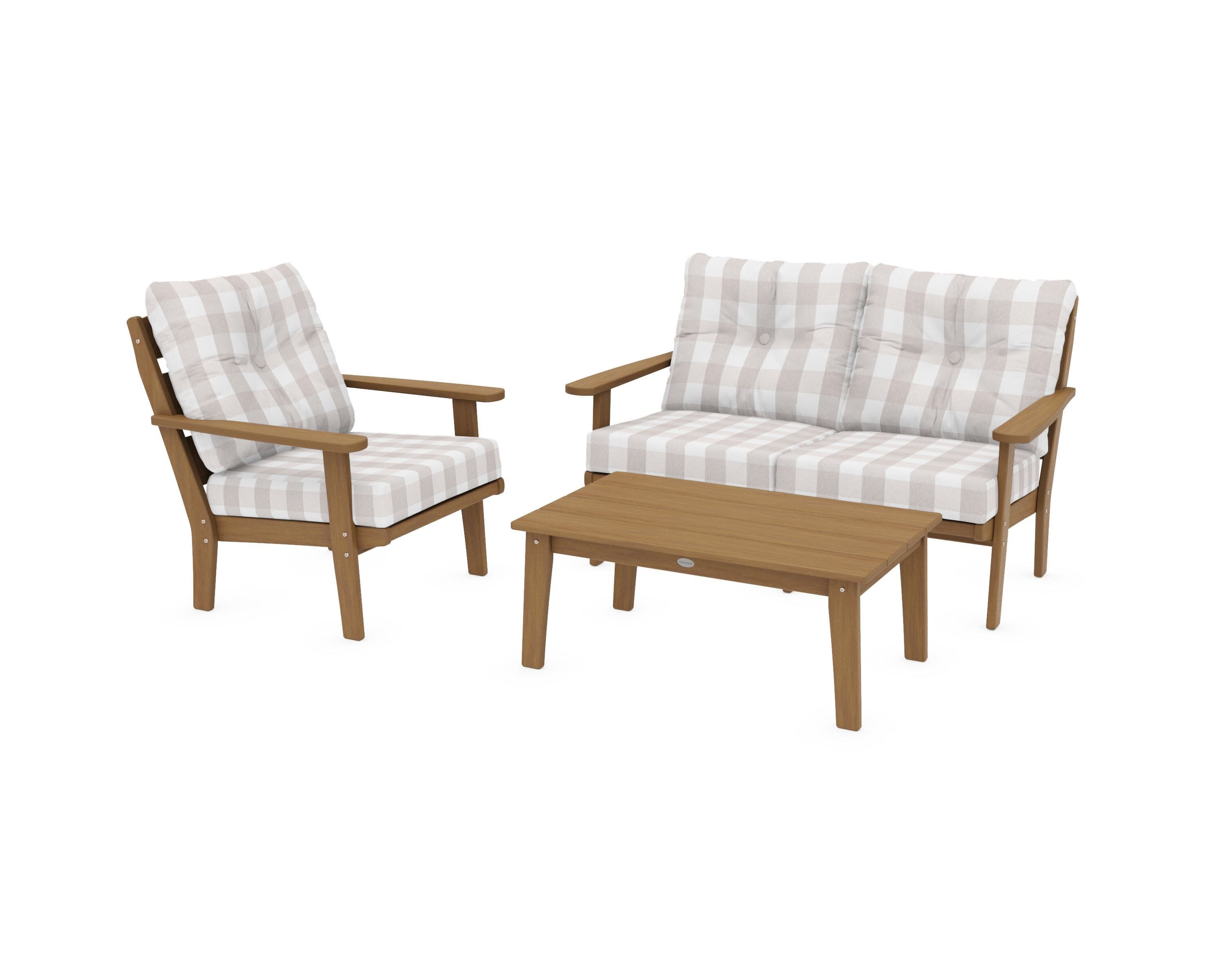 Lakeside 3-Piece Deep Seating Set in Natural / Buffalo Plaid Dune Burlap