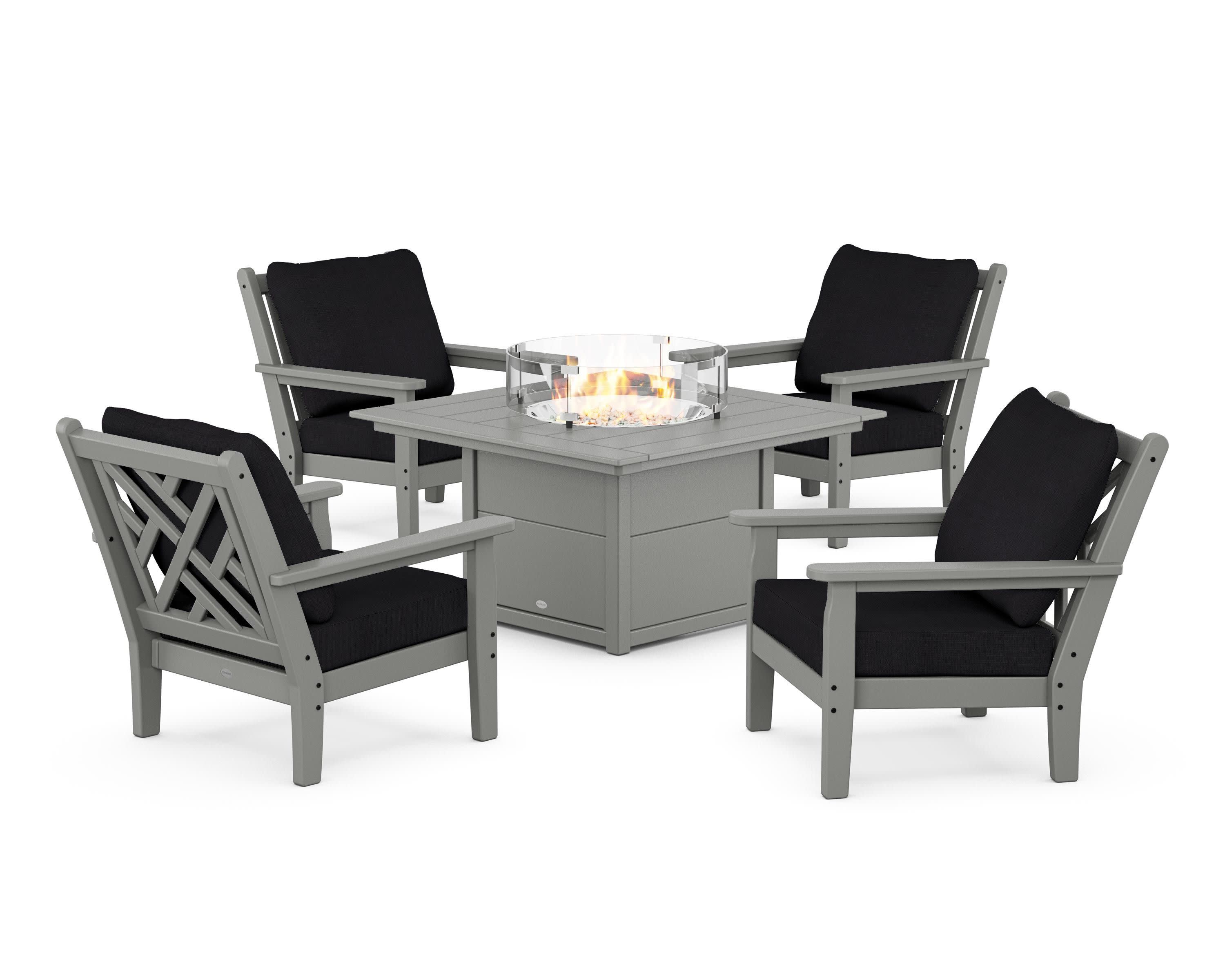 Chippendale 5-Piece Deep Seating Set with Fire Pit Table in Slate Grey / Midnight Linen