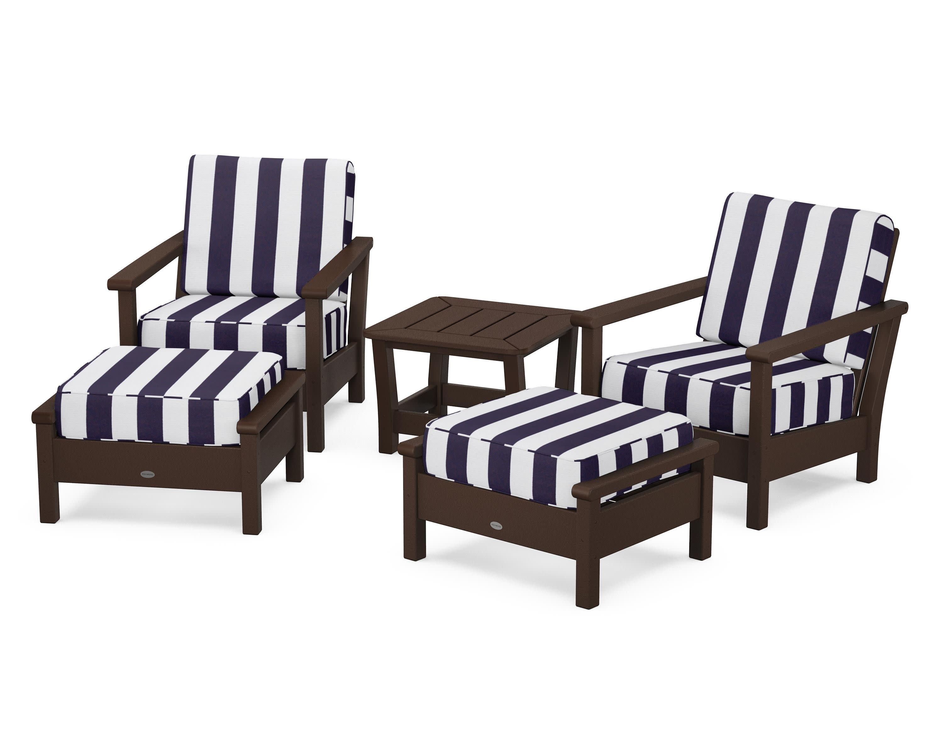 Harbour 5-Piece Deep Seating Chair Set in Mahogany / Cabana Stripe Navy