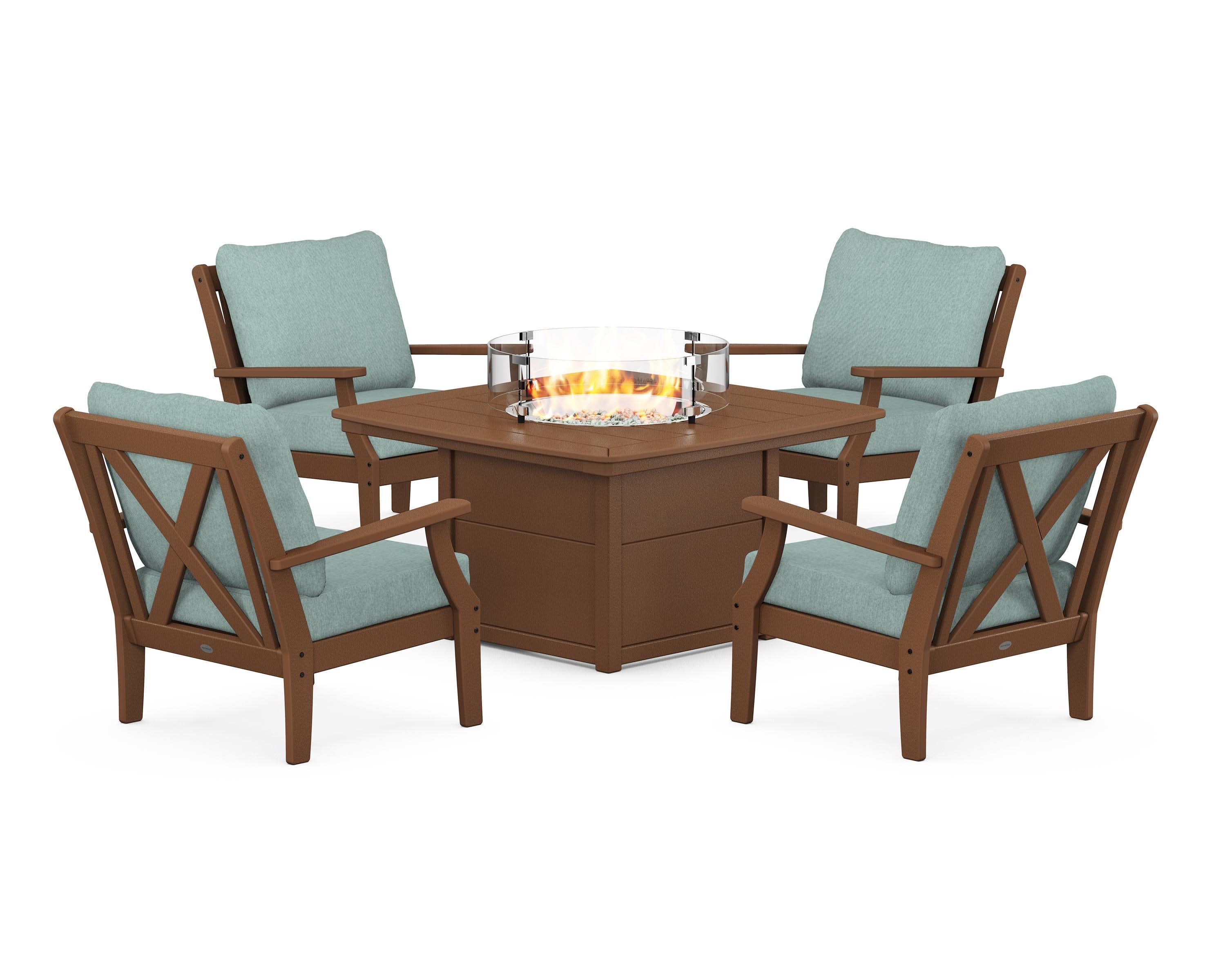 Braxton 5-Piece Deep Seating Conversation Set with Fire Pit Table in Teak / Glacier Spa