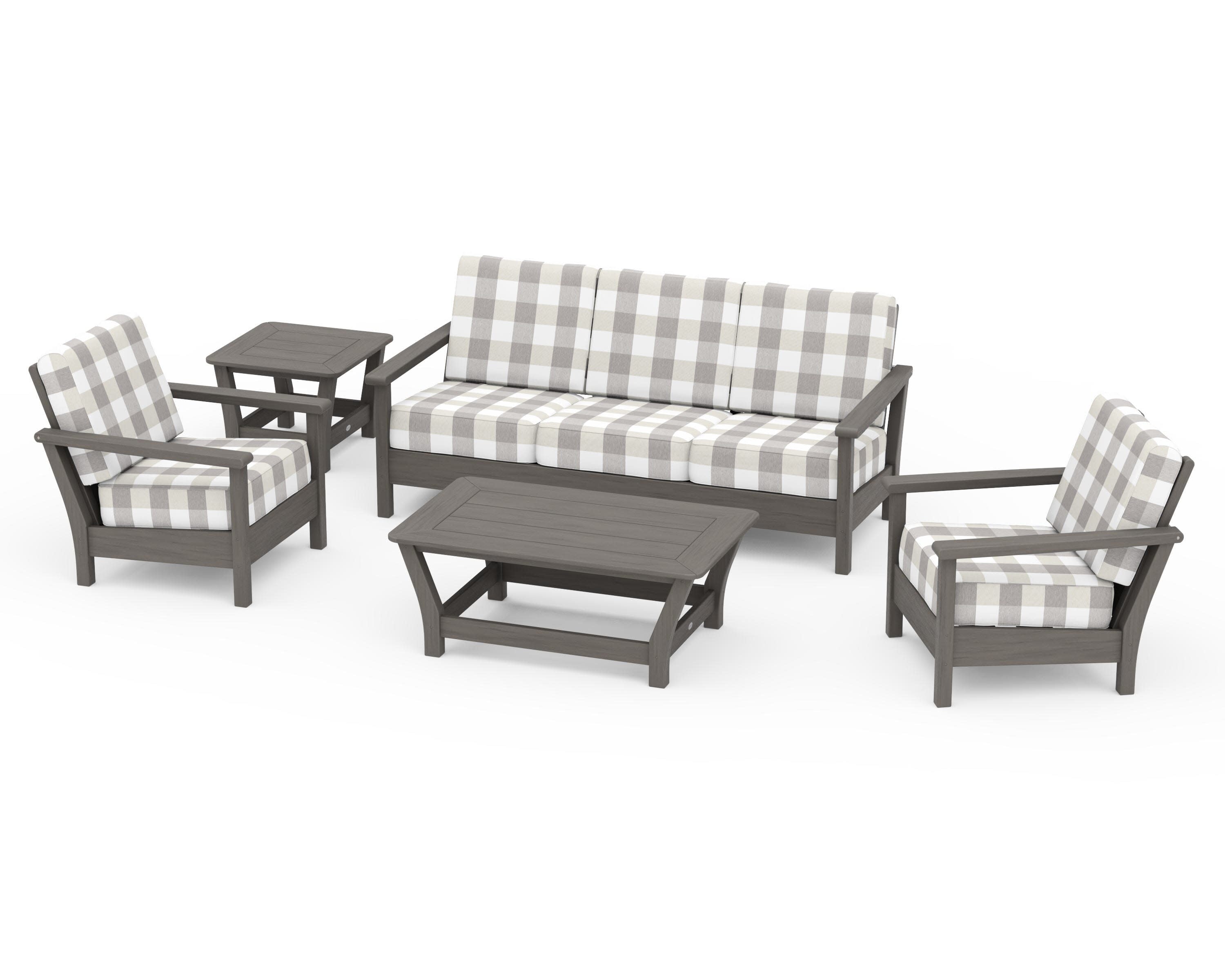 Harbour 5-Piece Deep Seating Set in Driftwood / Buffalo Plaid Grey Mist