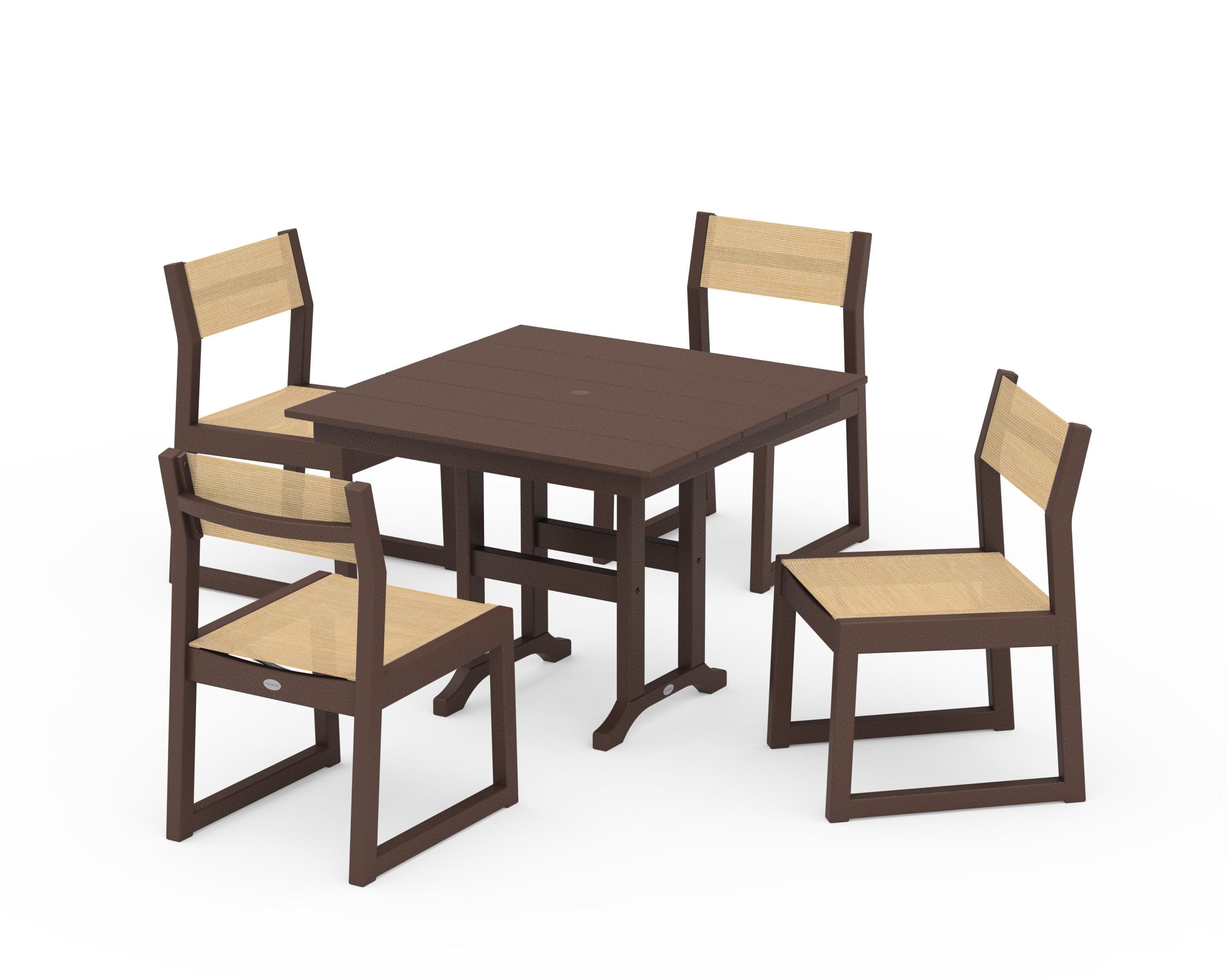 EDGE Sling Side Chair 5-Piece Farmhouse Dining Set in Mahogany / Dupioni Apricot Sling