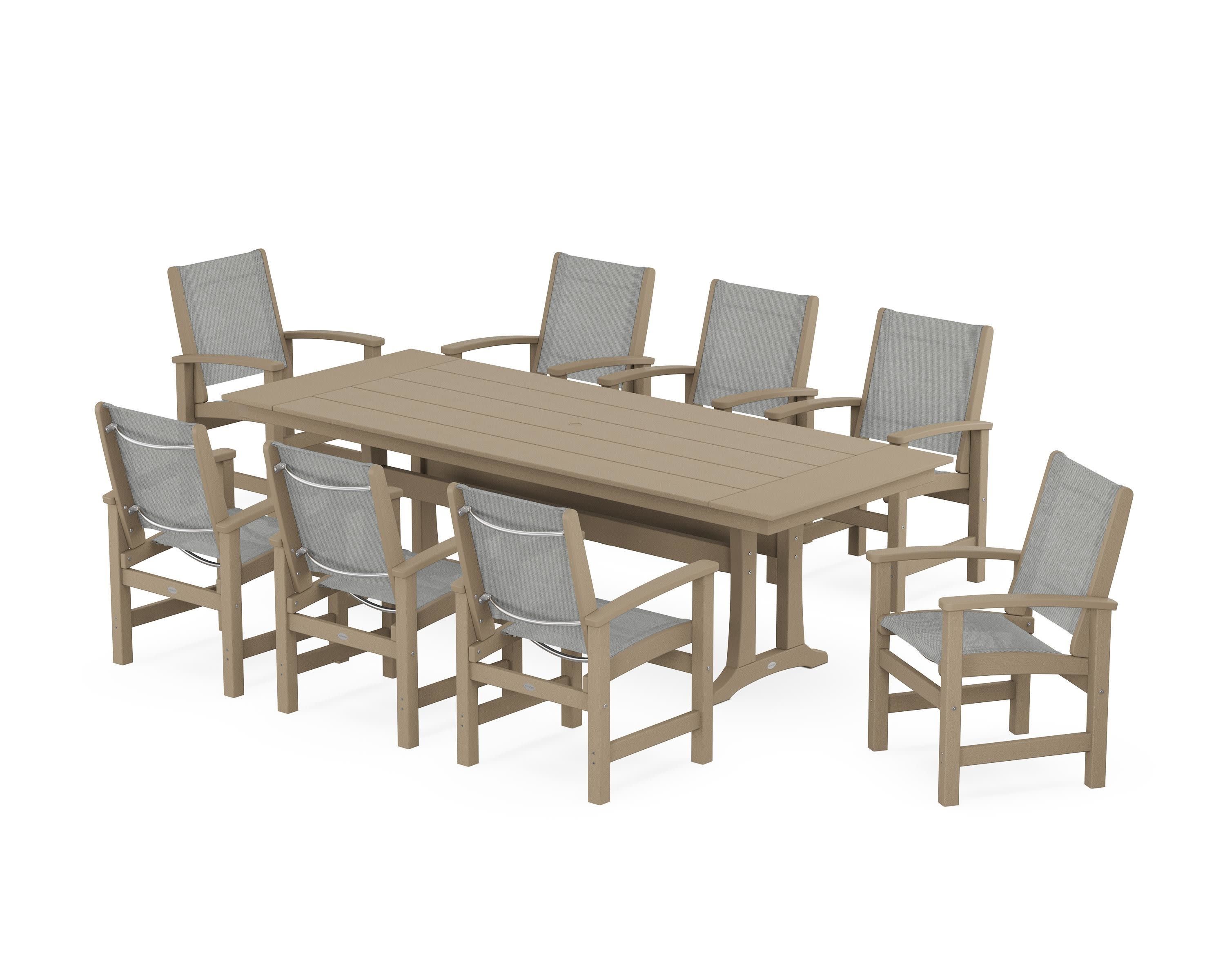 Coastal 9-Piece Farmhouse Dining Set with Trestle Legs in Vintage Sahara / Metallic Sling