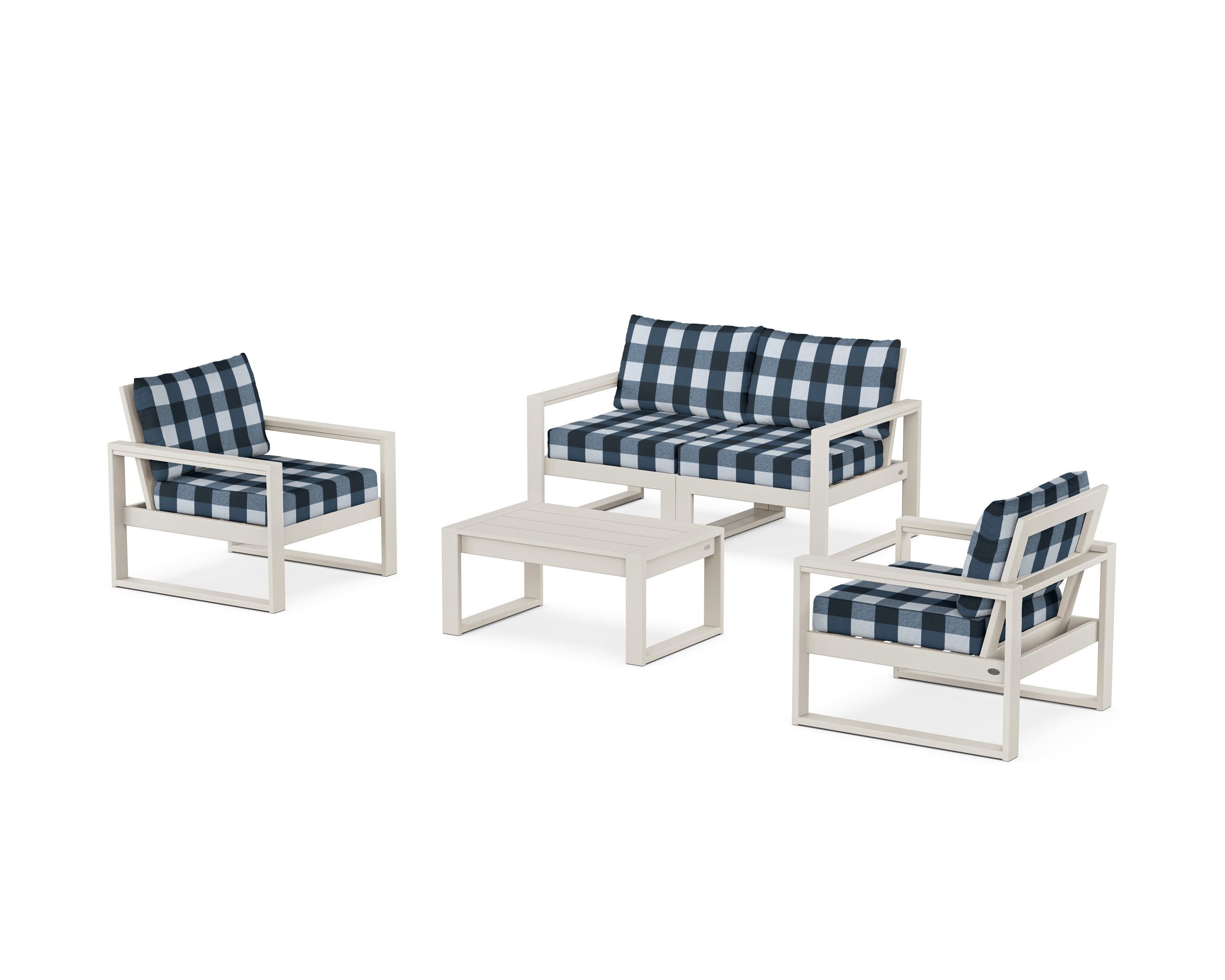 EDGE Sectional 4-Piece Deep Seating Set with Loveseat in Sand / Buffalo Plaid Marine Indigo