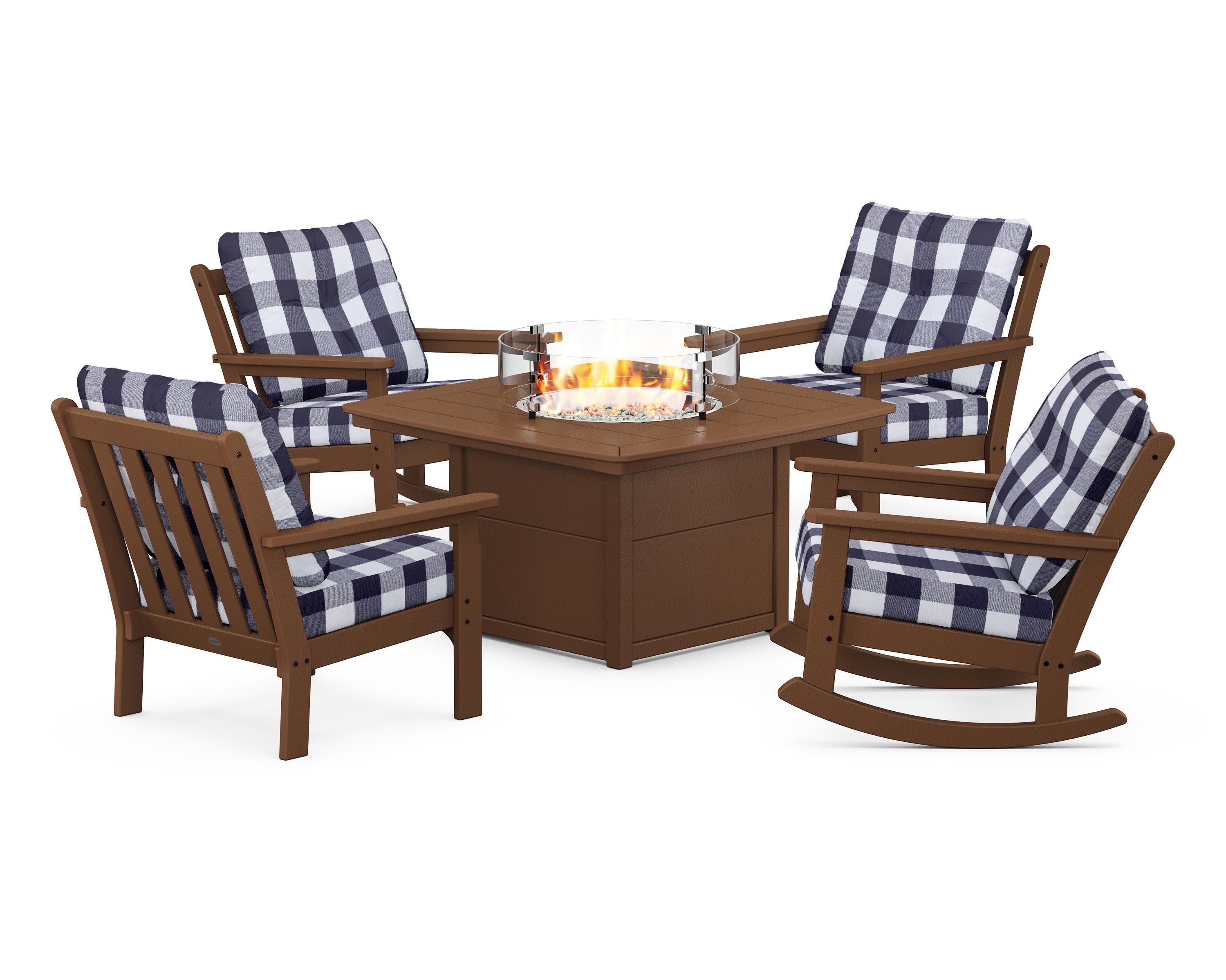 Vineyard 5-Piece Deep Seating Rocking Chair Conversation Set with Fire Pit Table in Teak / Buffalo Plaid Navy