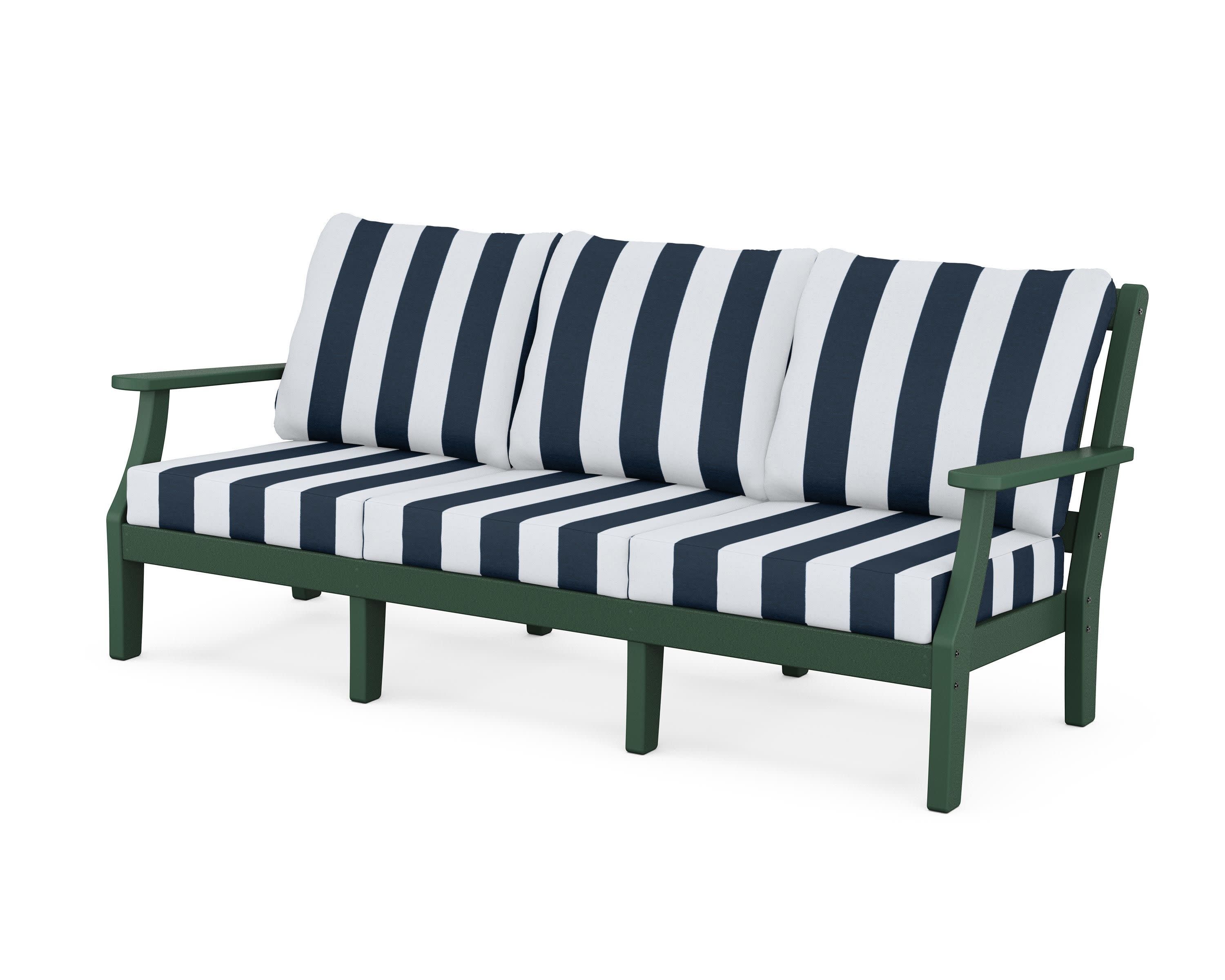 Chinoiserie Deep Seating Sofa in Green / Cabana Stripe Marine Indigo