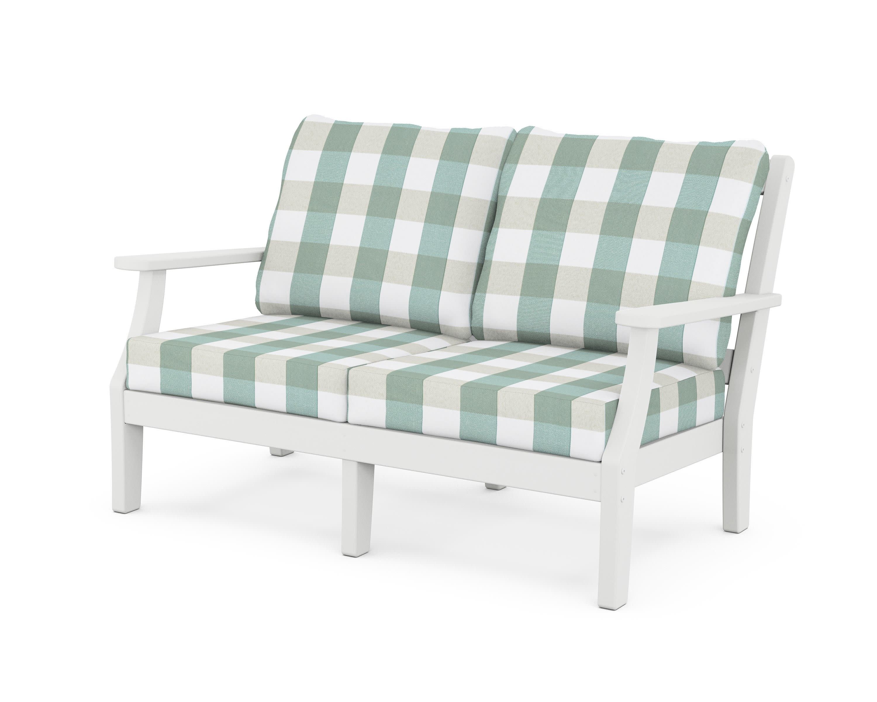 Chinoiserie Deep Seating Loveseat in White / Buffalo Plaid Glacier Spa