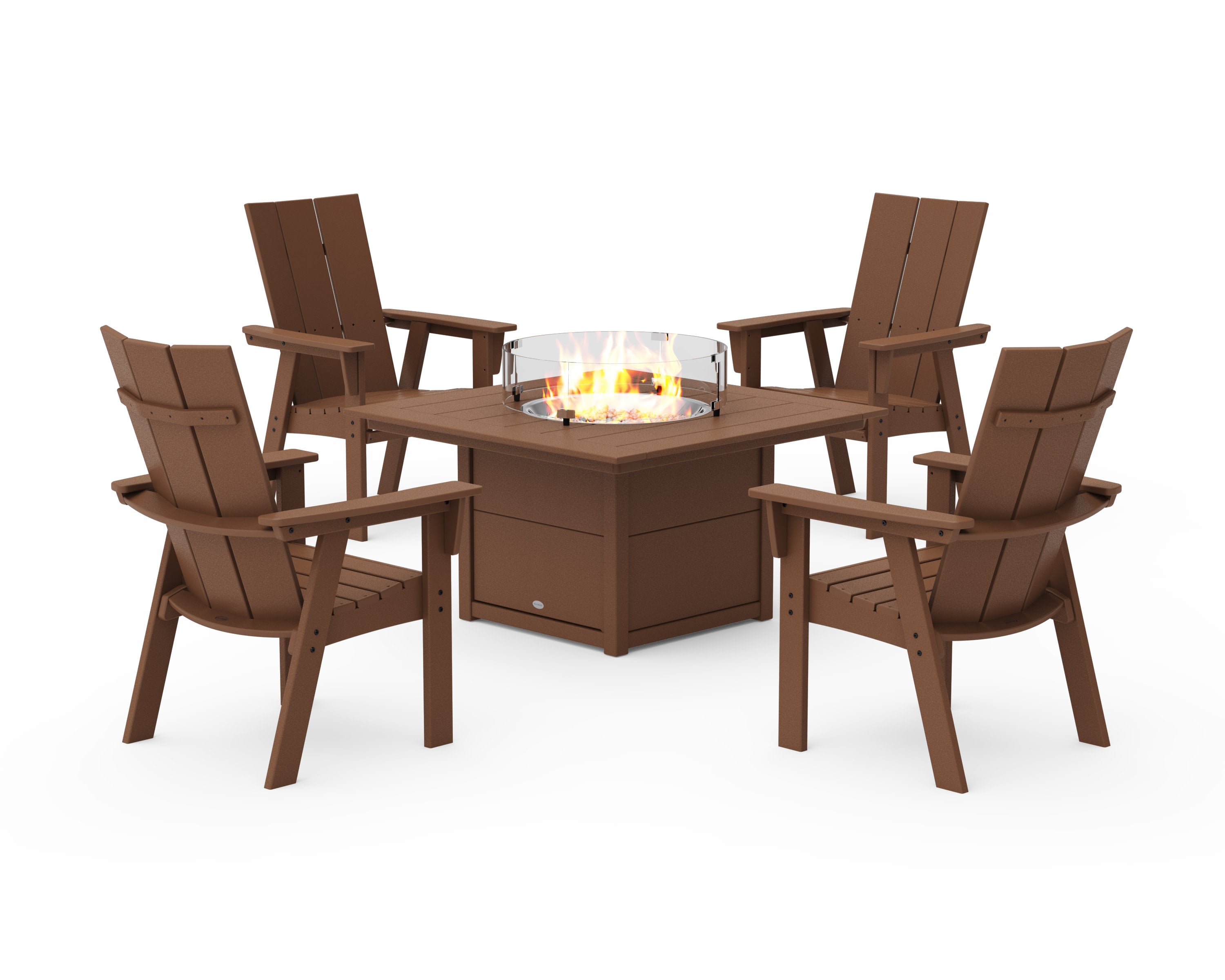 Modern 4-Piece Curveback Upright Adirondack Conversation Set with Fire Pit Table in Teak