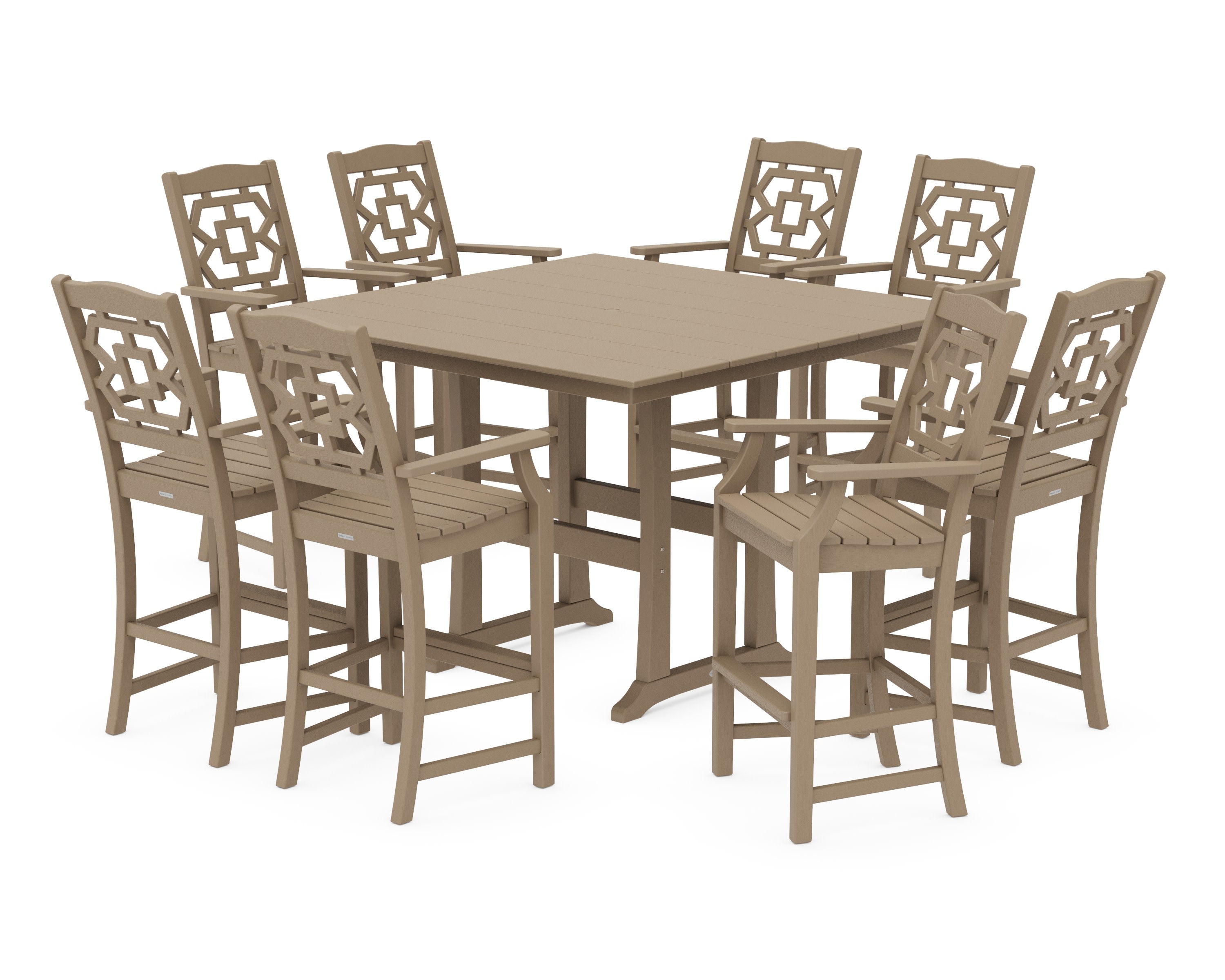 Chinoiserie 9-Piece Square Farmhouse Bar Set with Trestle Legs in Vintage Sahara