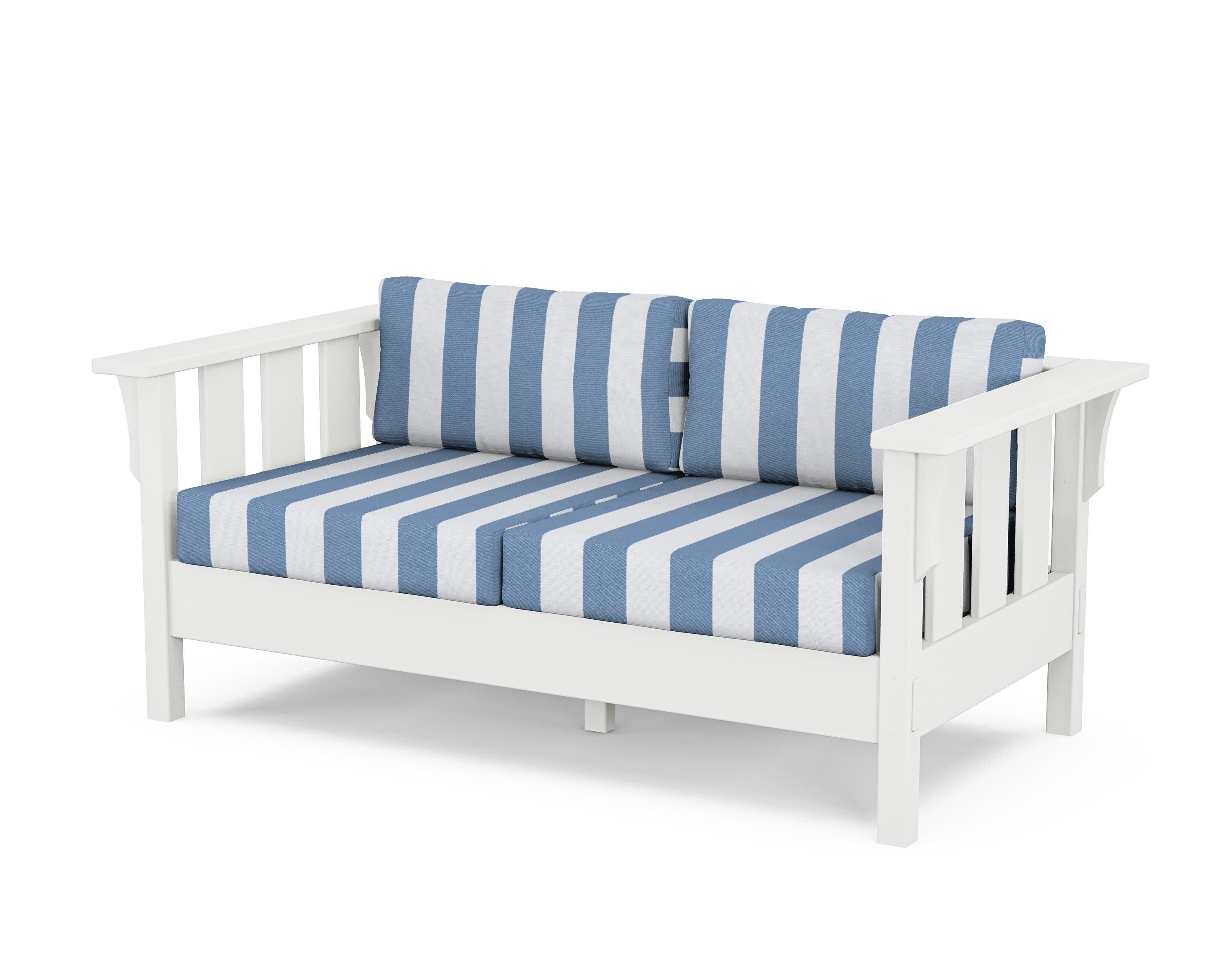 Acadia Deep Seating Loveseat in White / Cabana Stripe Sky Blue