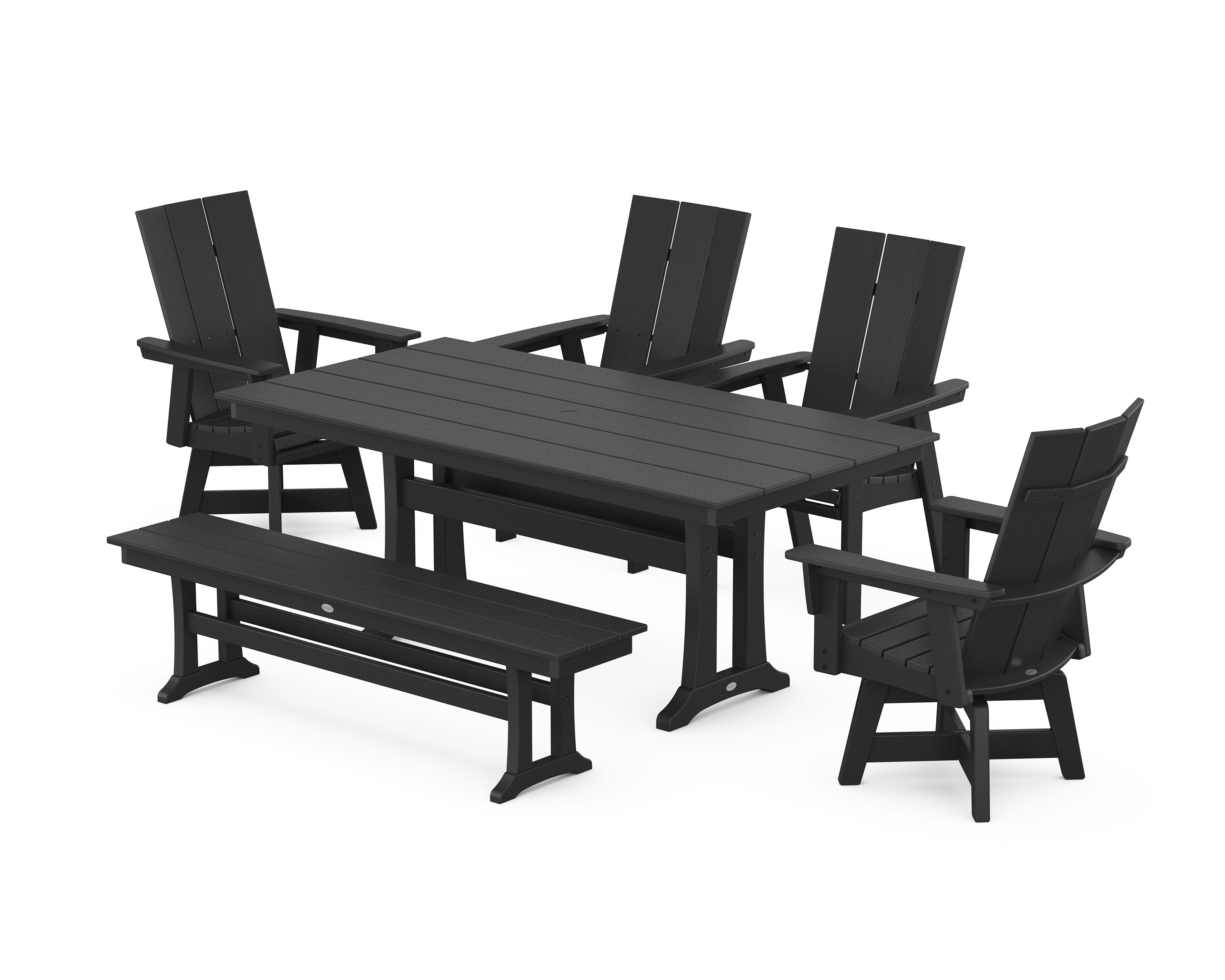 Modern Curveback Adirondack Swivel Chair 6-Piece Farmhouse Dining Set With Trestle Legs and Bench in Black
