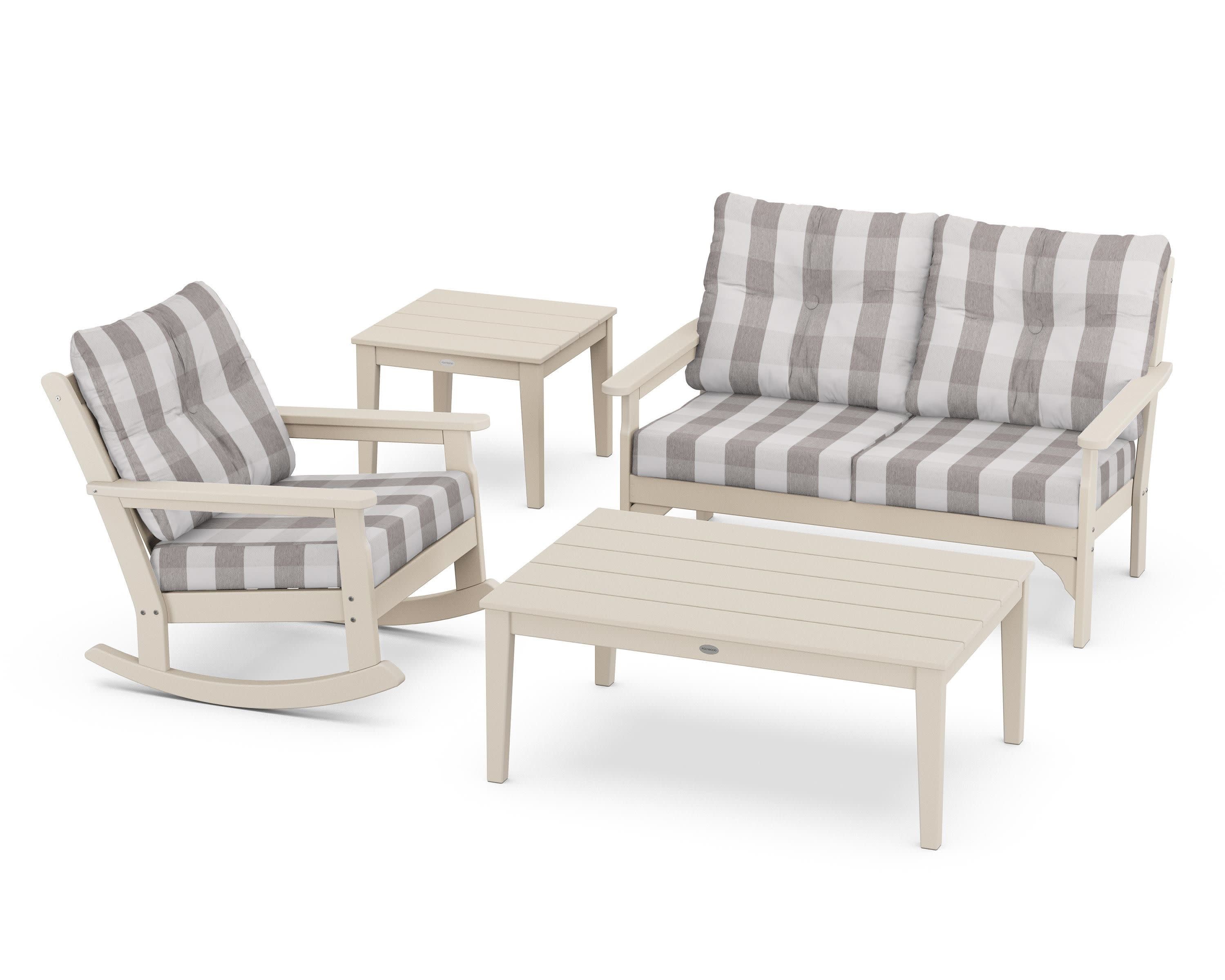 Vineyard 4-Piece Deep Seating Rocker Set in Sand / Buffalo Plaid Grey Mist