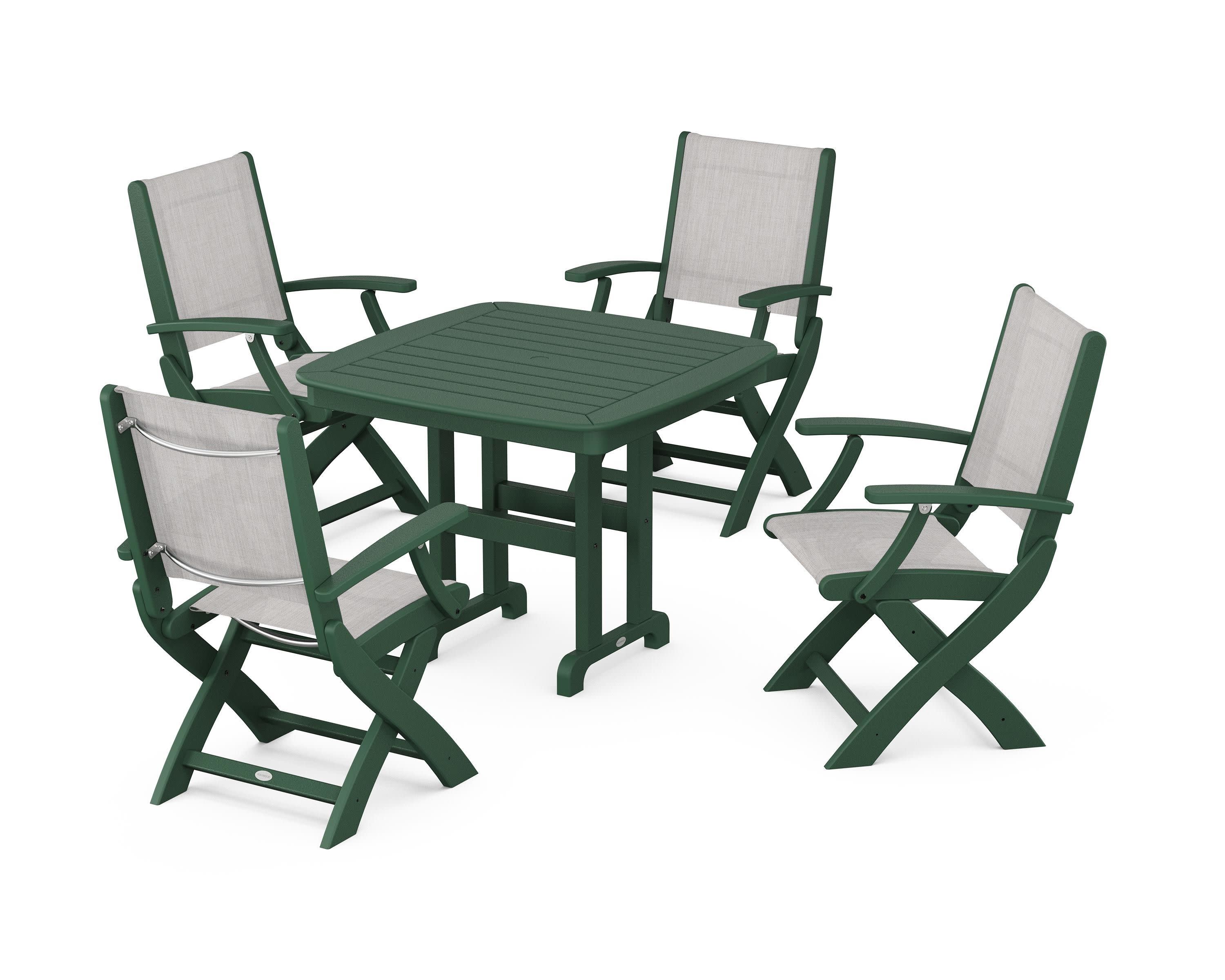 Coastal Folding Chair 5-Piece Dining Set in Green / Parchment Sling