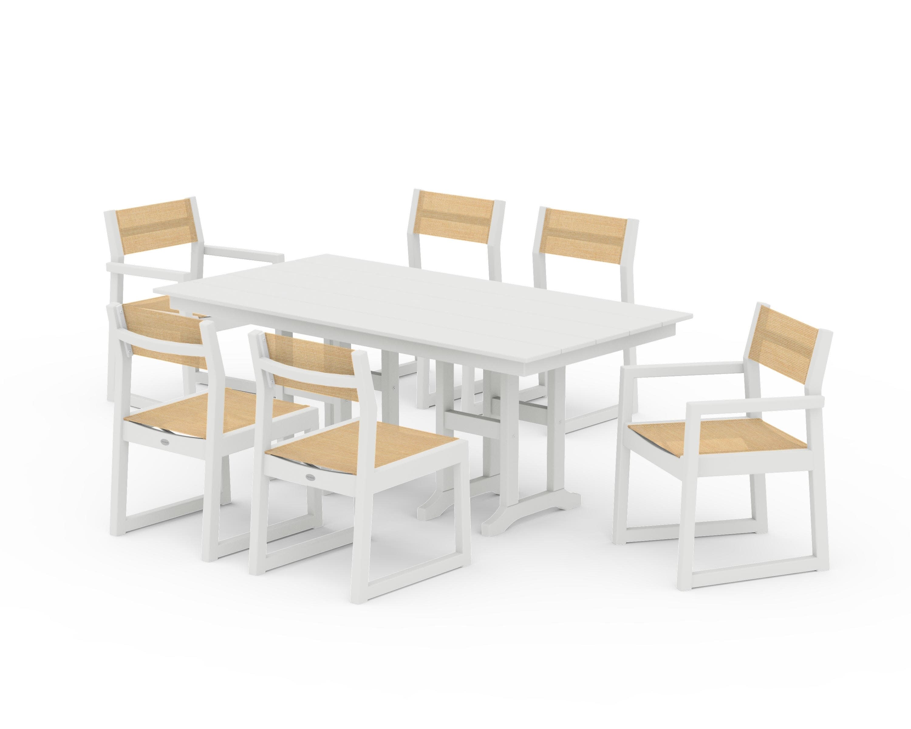EDGE Sling 7-Piece Farmhouse Dining Set in Vintage White / Dupioni Apricot Sling