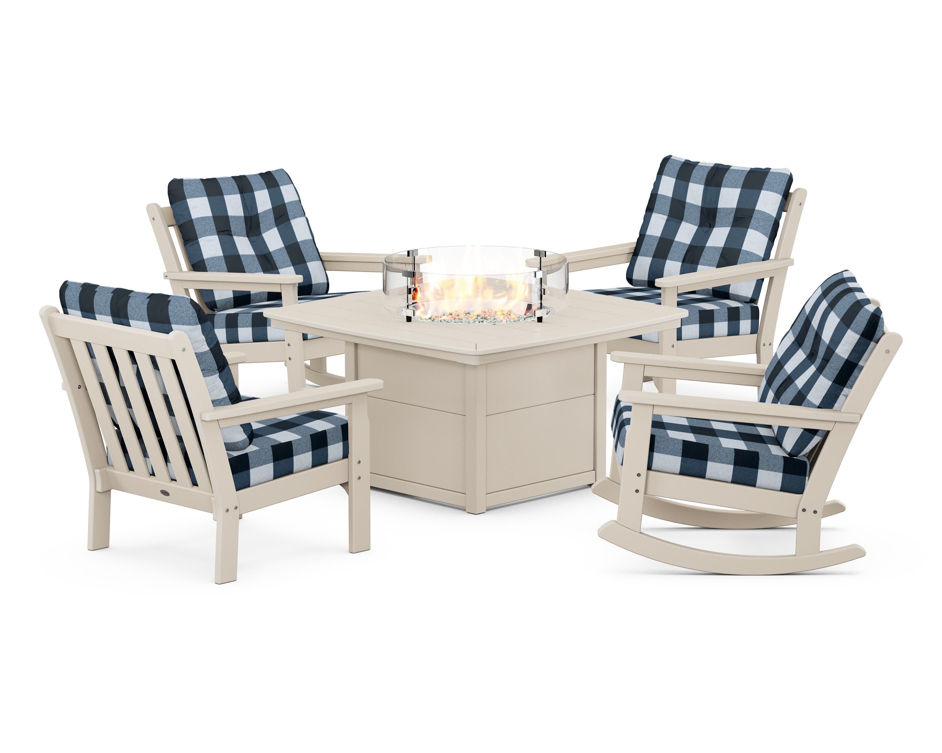 Vineyard 5-Piece Deep Seating Rocking Chair Conversation Set with Fire Pit Table in Sand / Buffalo Plaid Marine Indigo