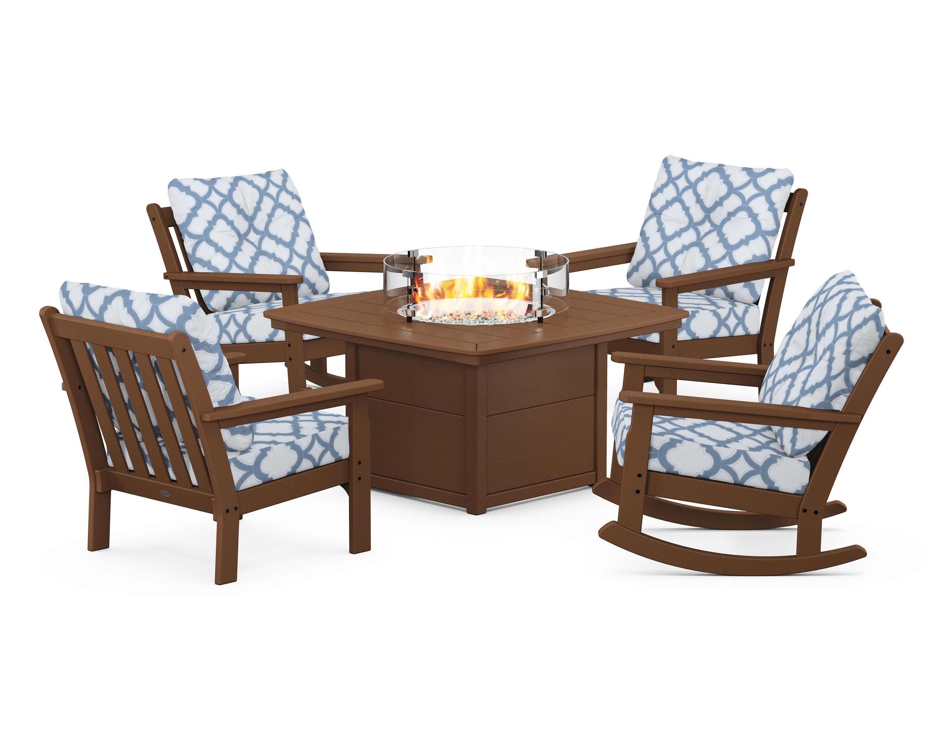 Vineyard 5-Piece Deep Seating Rocking Chair Conversation Set with Fire Pit Table in Teak / Trellis Sky Blue