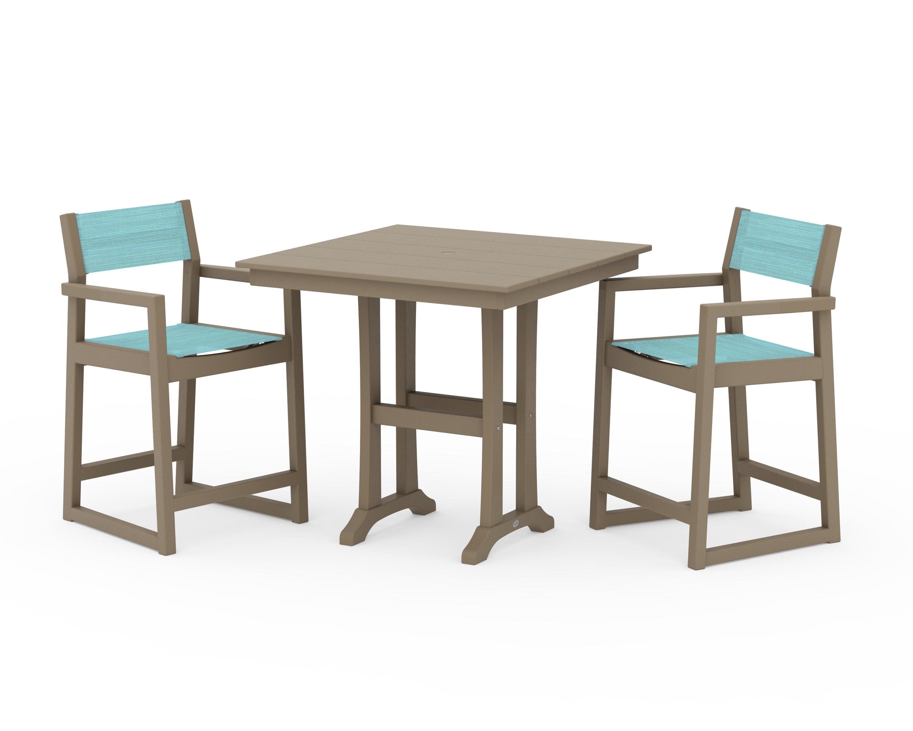 EDGE Sling Arm Chair 3-Piece Farmhouse Counter Set with Trestle Legs in Vintage Sahara / Dupioni Aquamarine Sling