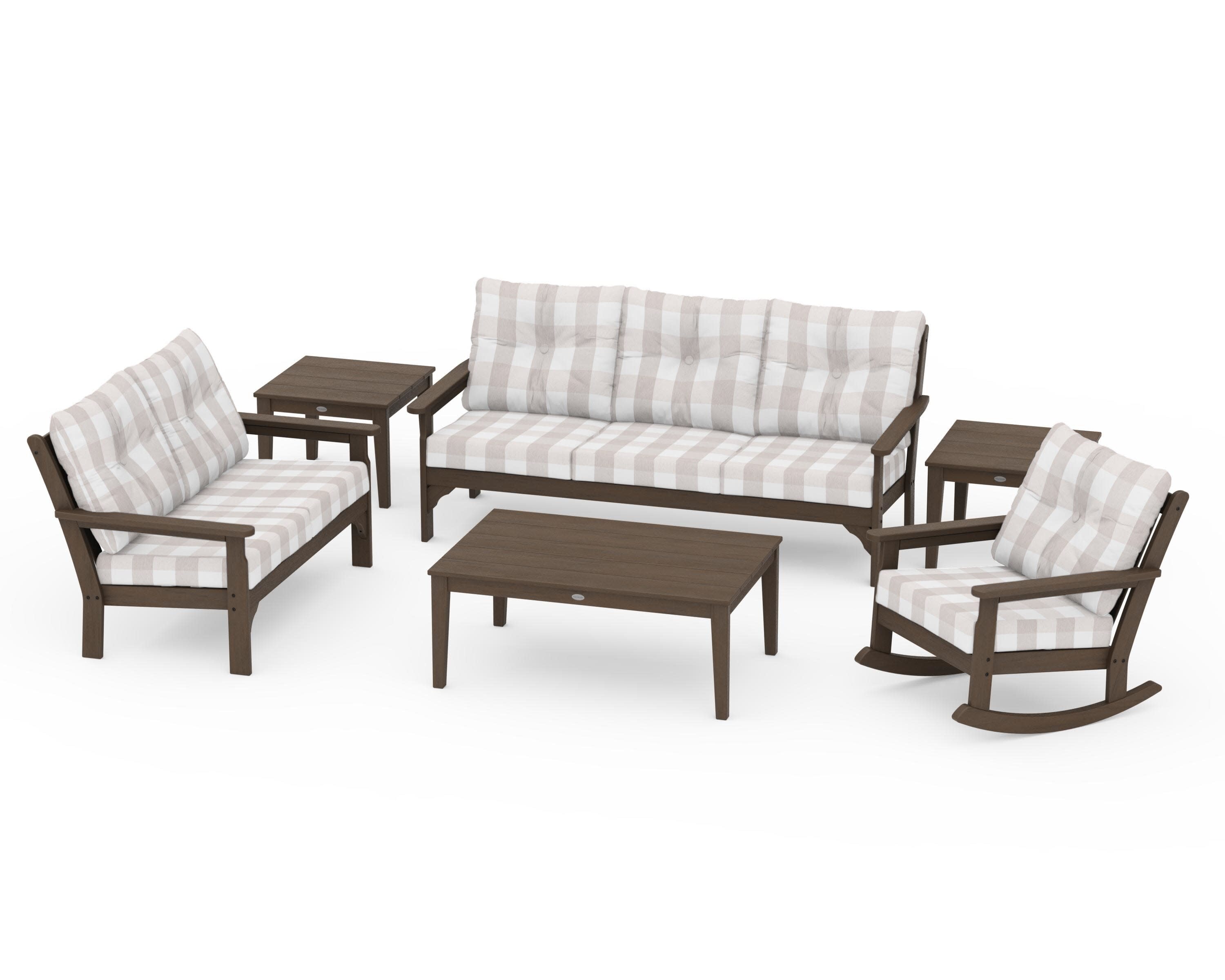 Vineyard 6-Piece Deep Seating Set in Kona / Buffalo Plaid Dune Burlap