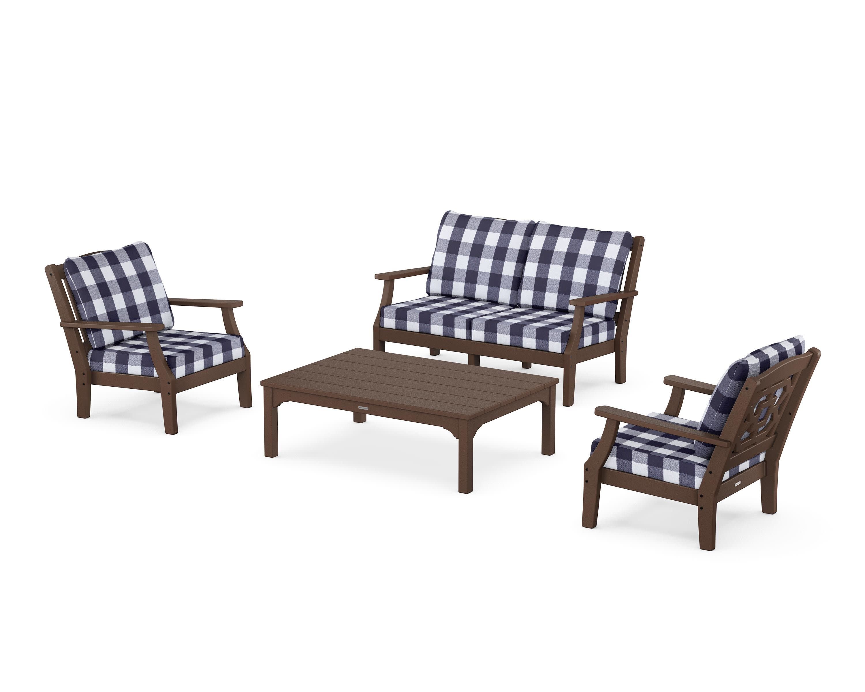 Chinoiserie 4-Piece Deep Seating Set with Loveseat in Mahogany / Buffalo Plaid Navy