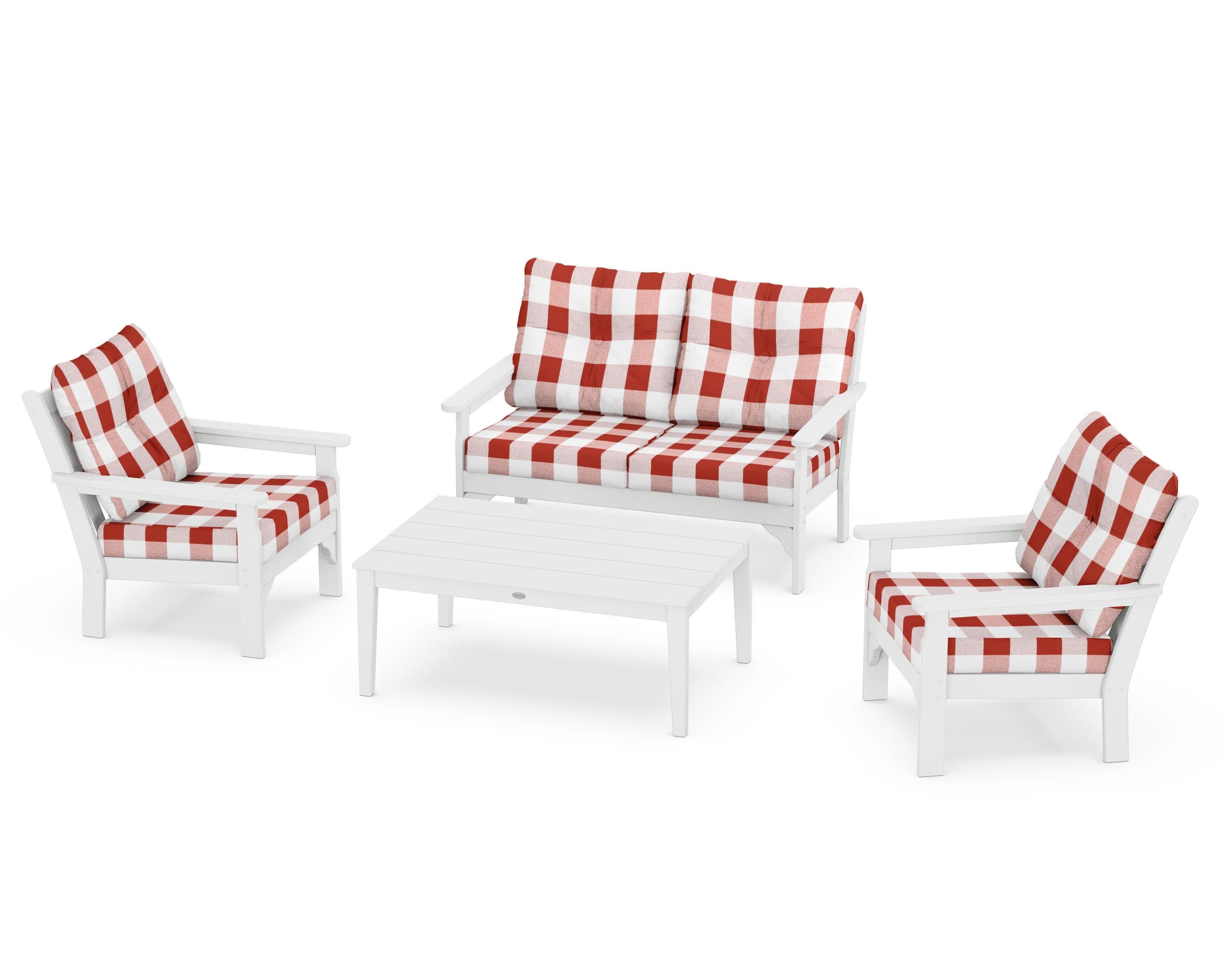 Vineyard 4-Piece Deep Seating Set in White / Buffalo Plaid Crimson