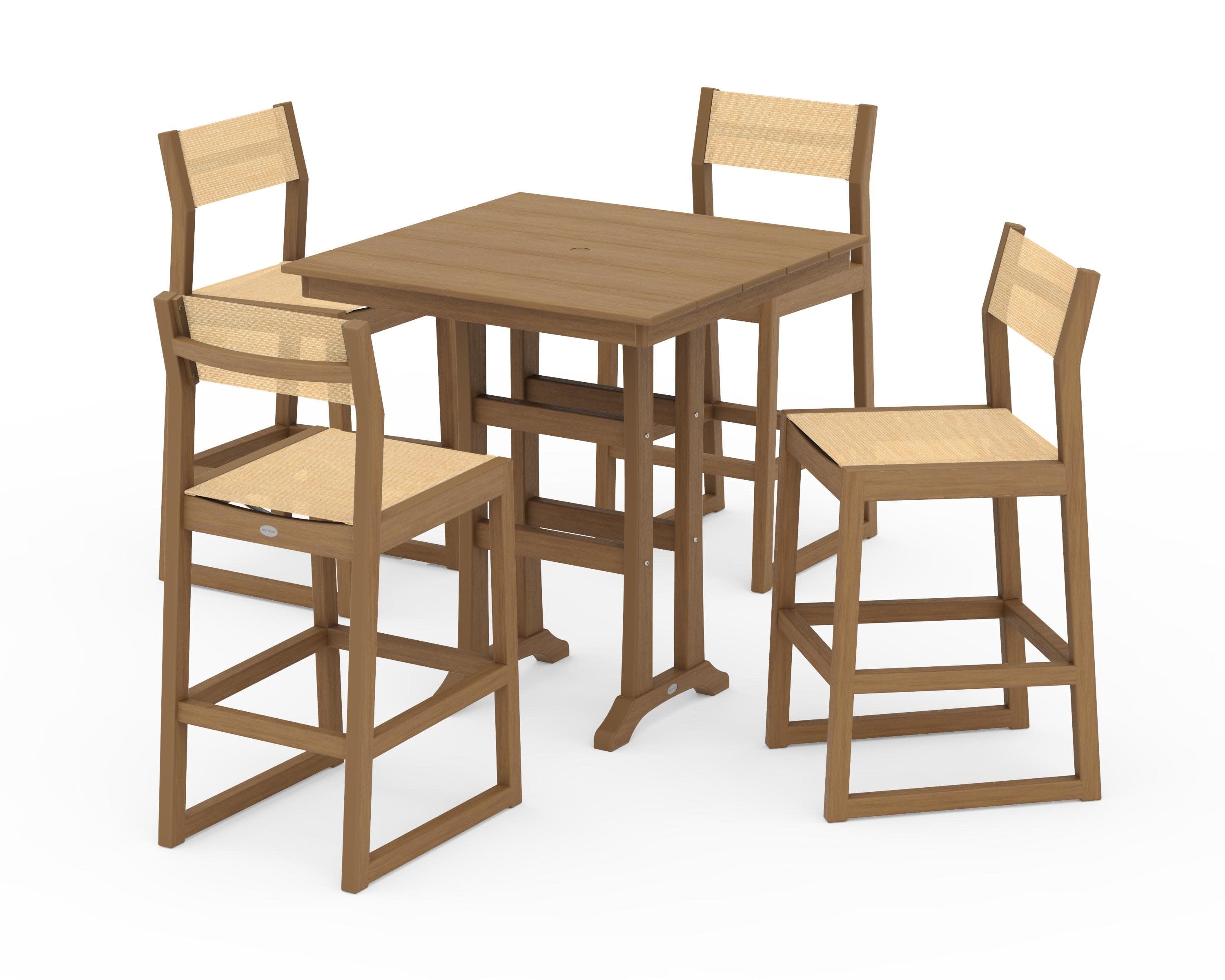 EDGE Sling Arm Chair 5-Piece Farmhouse Bar Set with Trestle Legs in Natural / Dupioni Apricot Sling