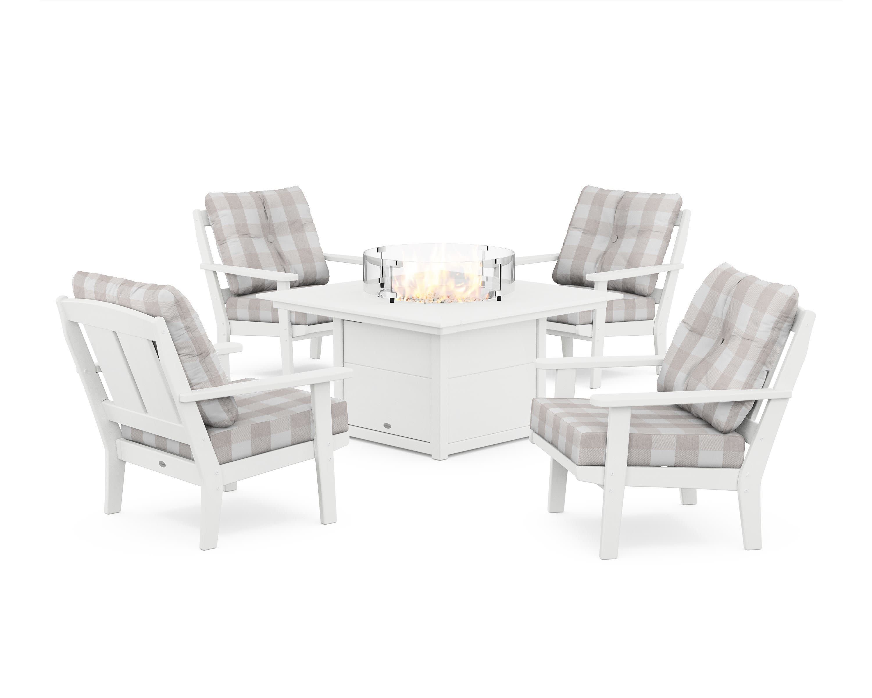 Mission 5-Piece Deep Seating Set with Fire Pit Table in White / Buffalo Plaid Dune Burlap
